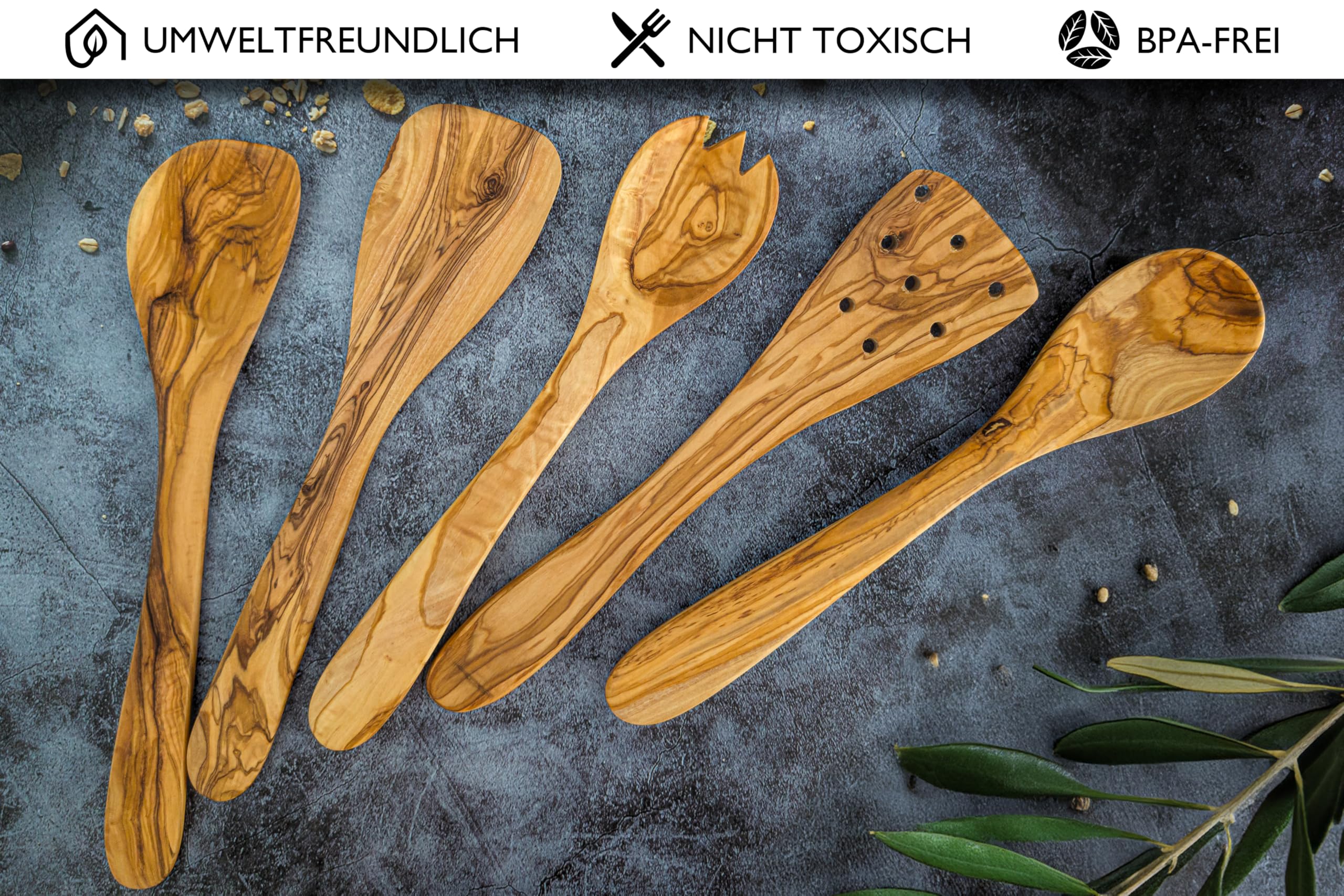 EMNA - 5-teiliges Oliven-Holz Küchenutensilien-Set | ca. 30 cm | Exklusive Geschenk-Box | Design Koch-Löffel mit spitzer Ecke | Salatbesteck | Flacher und Geschlitzter Pfannenwender | Weihnachten
