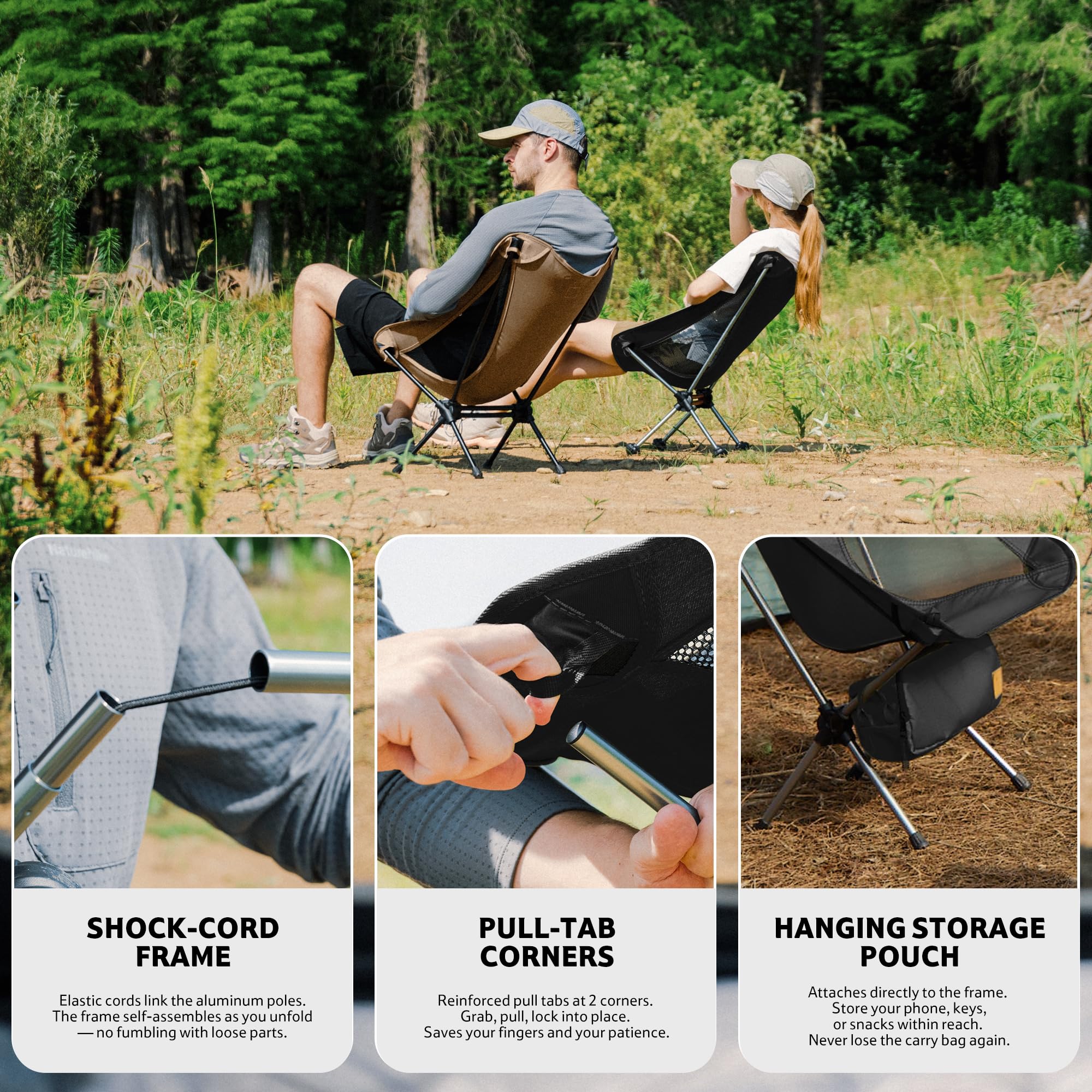 Naturehike Chaise de camping pliable et portable - Chaise de pêche ultra légère - Petite chaise pliante avec sac de transport pour camping, extérieur, randonnée (noir)