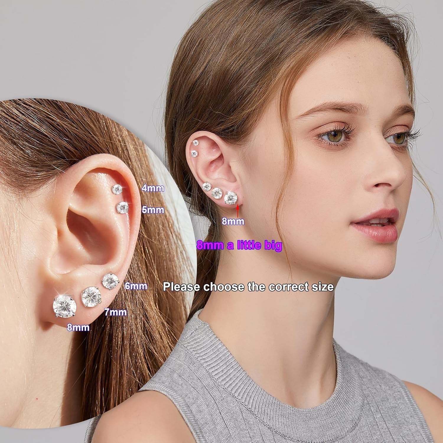18K White Gold Plated Sparkling Simulated Diamond Studs Earrings s925 Sterling Silver Hypoallergenic Earring for Women Men 4mm-8mm