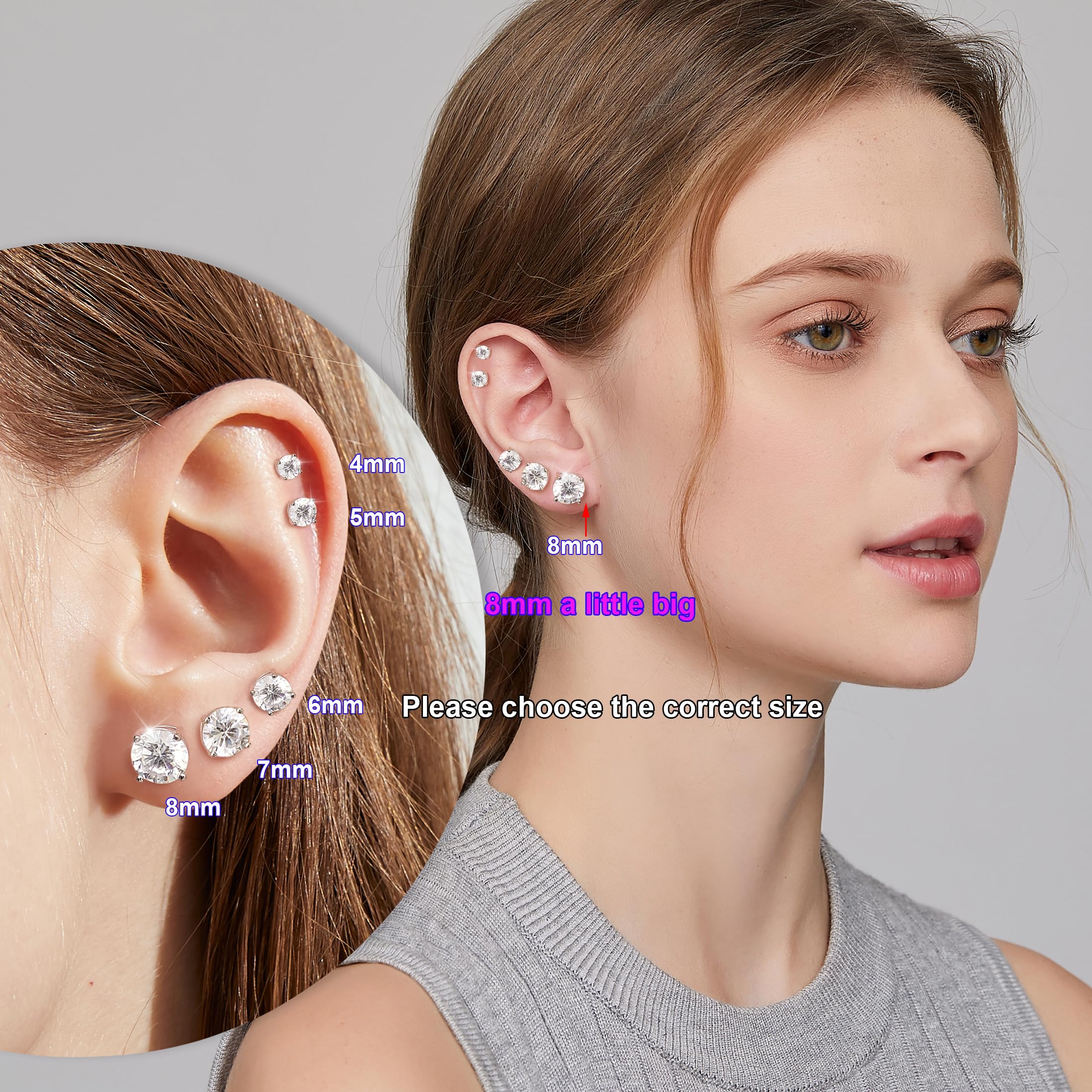 Miaofu Orecchini 18k Oro Bianco Placcata 925 Argento Sterlina Zirconi Simulato Diamante Brillanti per Donna Uomo 4-8mm Cubica Swarovski Dimensioni 3mm-8mm