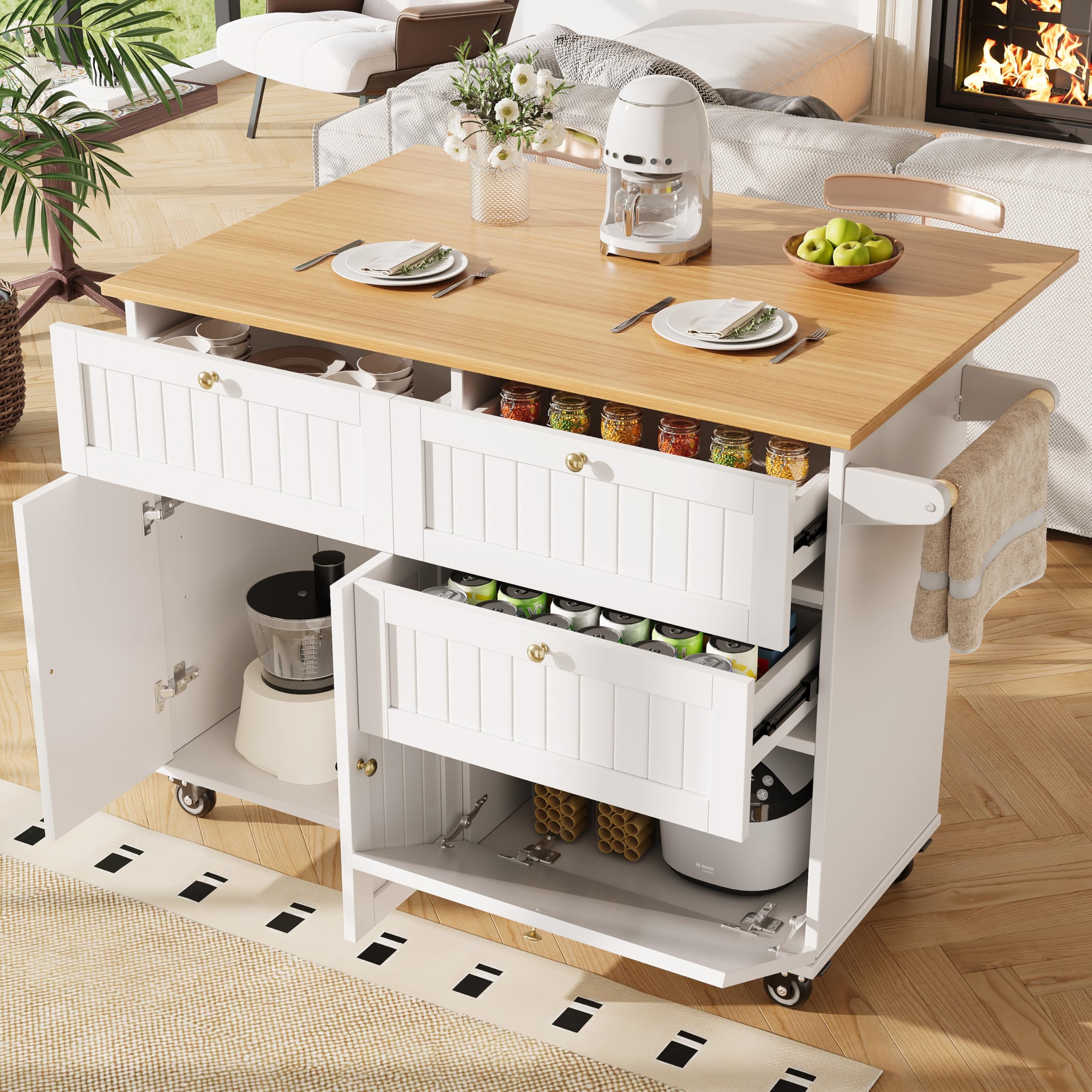 FammyLoft Rolling Kitchen Island on Wheels with 3 Drawers, Kitchen Trolley Storage with Foldable Worktop and Towel Rack, Portable Trolley with Large Cabinet for Home and Kitchen, White