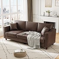 Garvee 85-Inch 3-Seater Faux Leather Sofa Couch with 2 Pillows, Wide Armrests, Deep Seats - Mid-Century Modern Living Room Furniture, Dark Brown