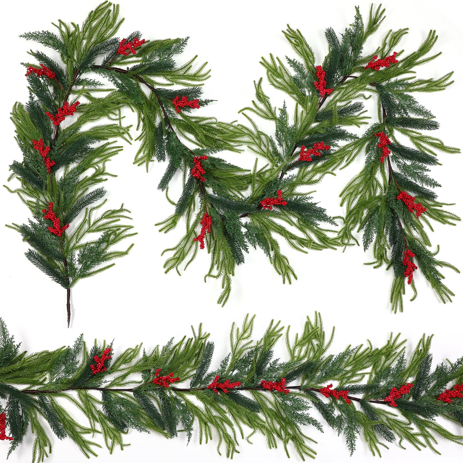 Wavwavw Guirnalda de pino artificial de Norfolk de 9 pies, guirnalda de cedro de invierno, guirnalda de Navidad para Navidad, invierno, hogar, oficina, chimenea, centro de mesa (bayas rojas)