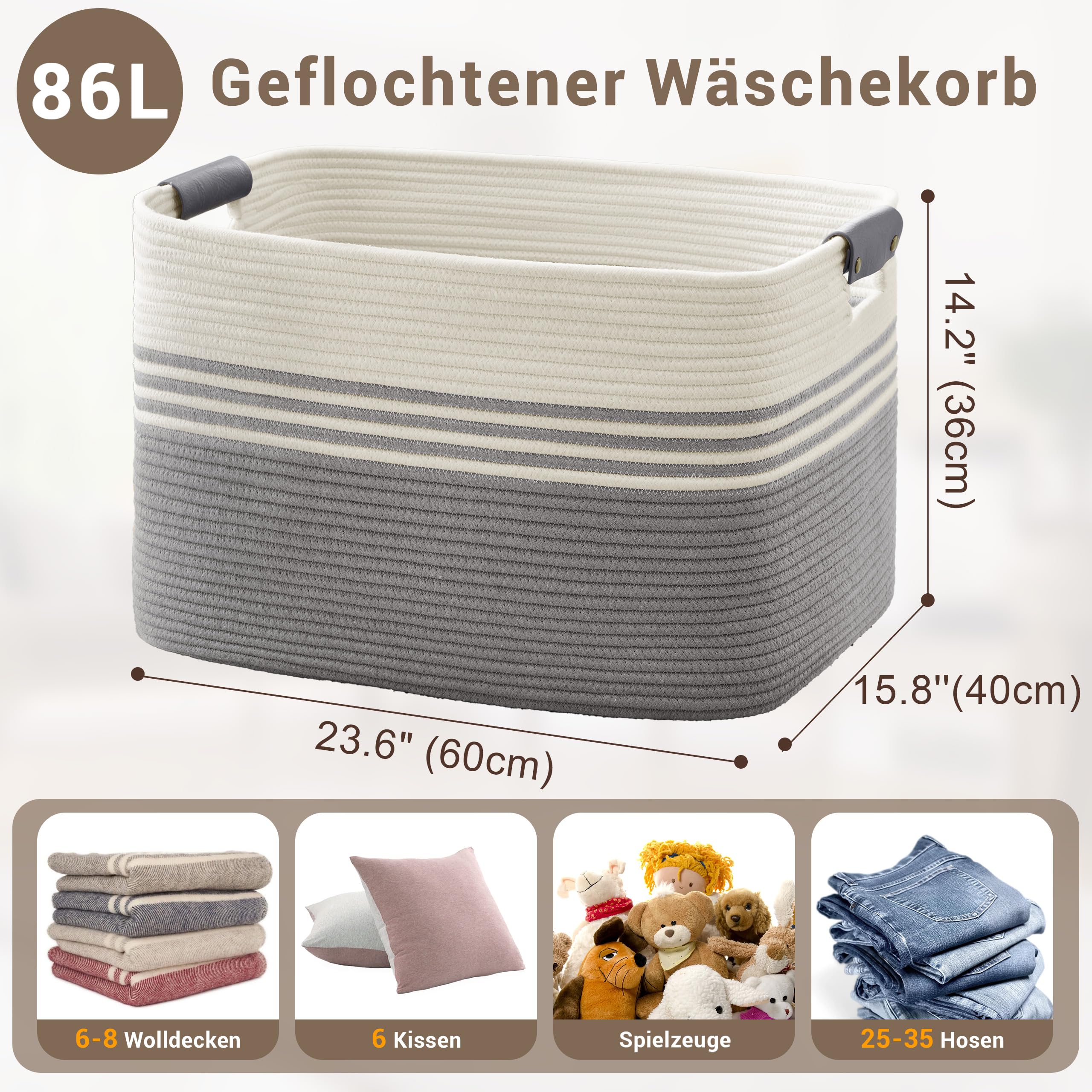 Cesto grande para ropa trenzado en cuerda de algodón, 86L, recipiente con asas de cuero, para mantas, ropa, juguetes, de lavandería para habitación infantil o salón, 60x40x36 cm, blanco y gris
