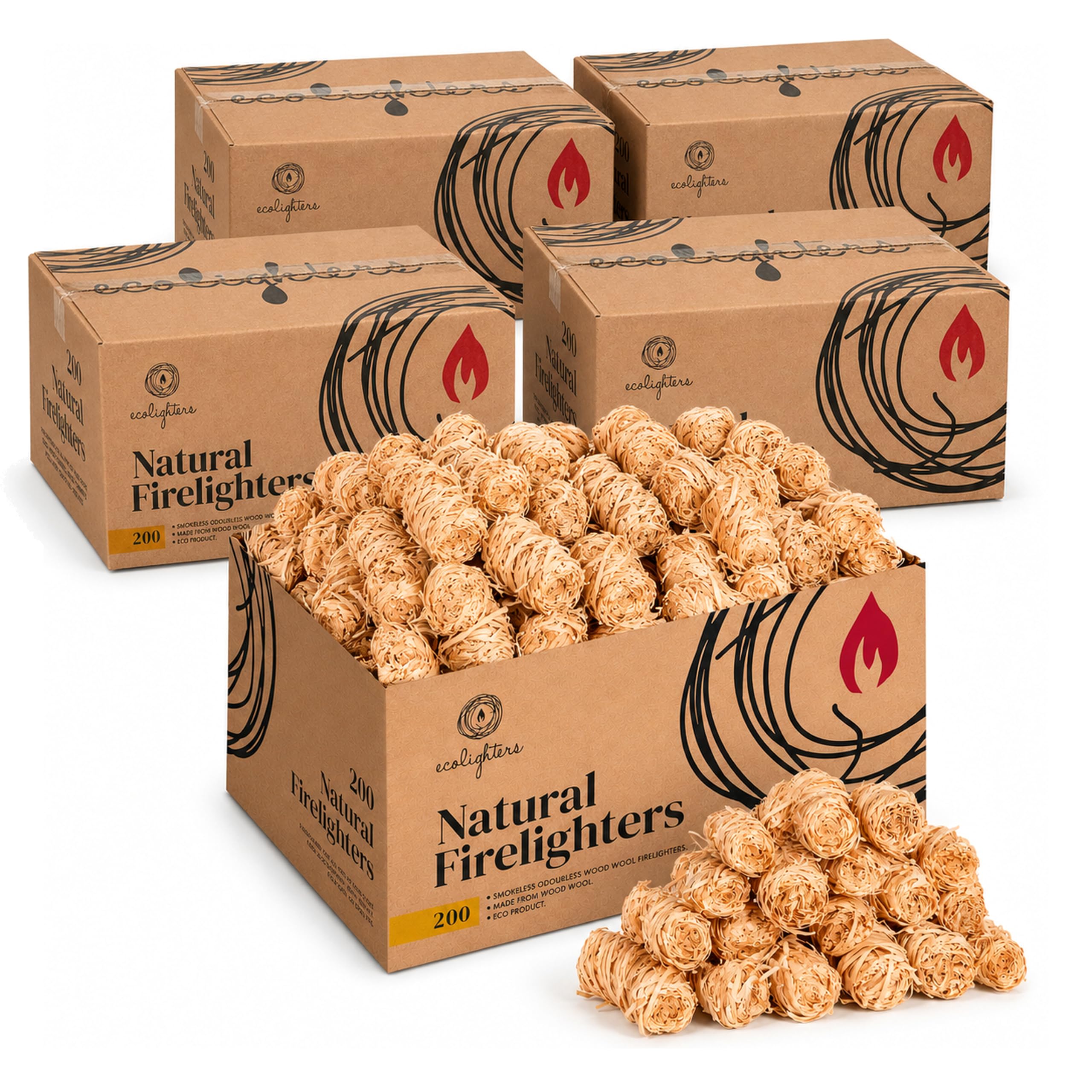 Ecolighters Natural 1000 Firelighters, Wood Wool Fire Lighters For Wood Burners, Bbq, Stove, Pizza Oven And Fire Starters, 5 Boxes Of 200