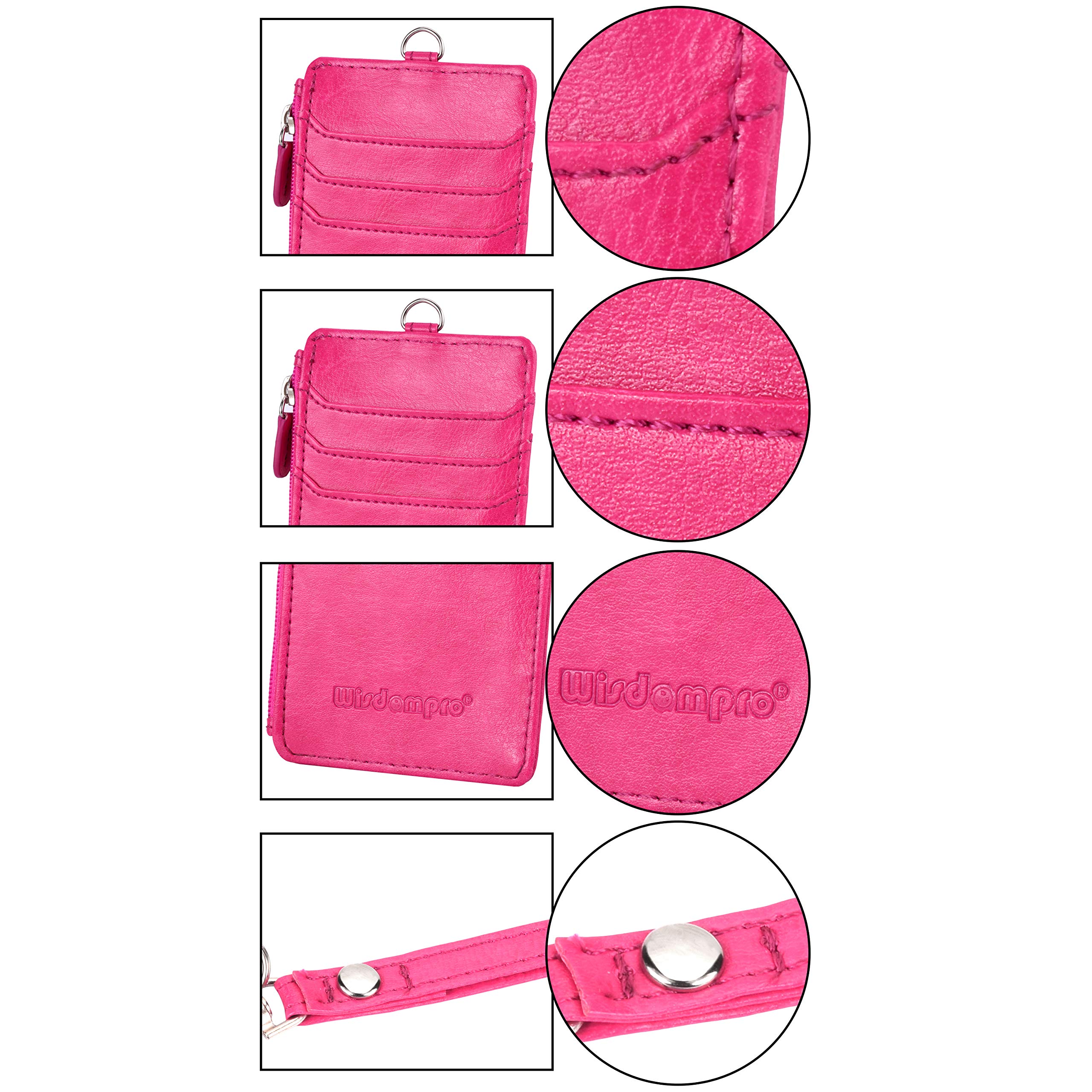 Wisdompro Porta Badge da Collo con Cerniera, 50 cm Portachiavi, 4 Slot, Finestra Trasparente, Rosa Caldo