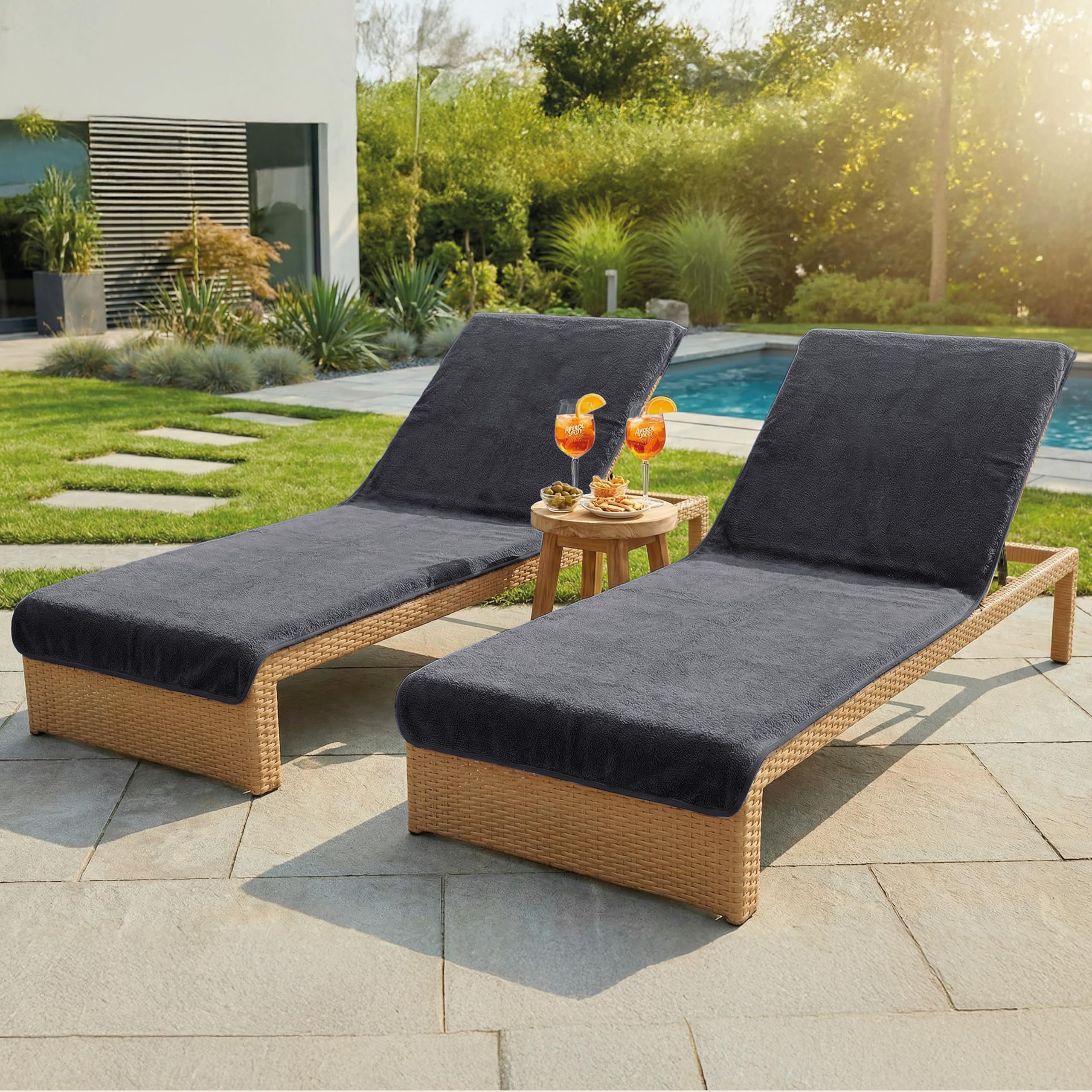 LAYNENBURG 2er-Set Premium Schonbezug für Gartenliege - 100% Baumwolle - Oeko-TEX 100 - Frottee Handtuch-Bezug Sonnenliege - Liegenbezug mit Umschlag für Standliege, Liege-Stuhl (75x200 cm Anthrazit)