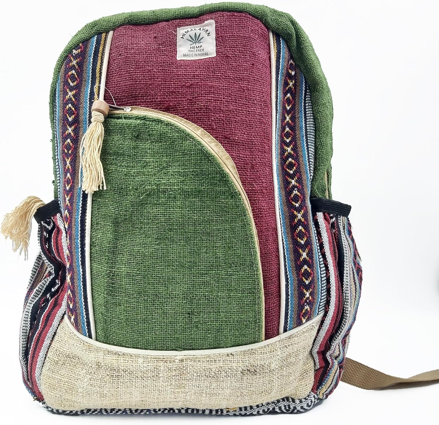 Himalayan Heritage Hemp Backpack, Traditional Striped Pattern, Green and Burgundy, Multi-Compartment Travel Bag