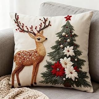 Christmas Throw Pillow Covers,17.5''x17.5'' Linen Xmas Deer & Tree Plaid...