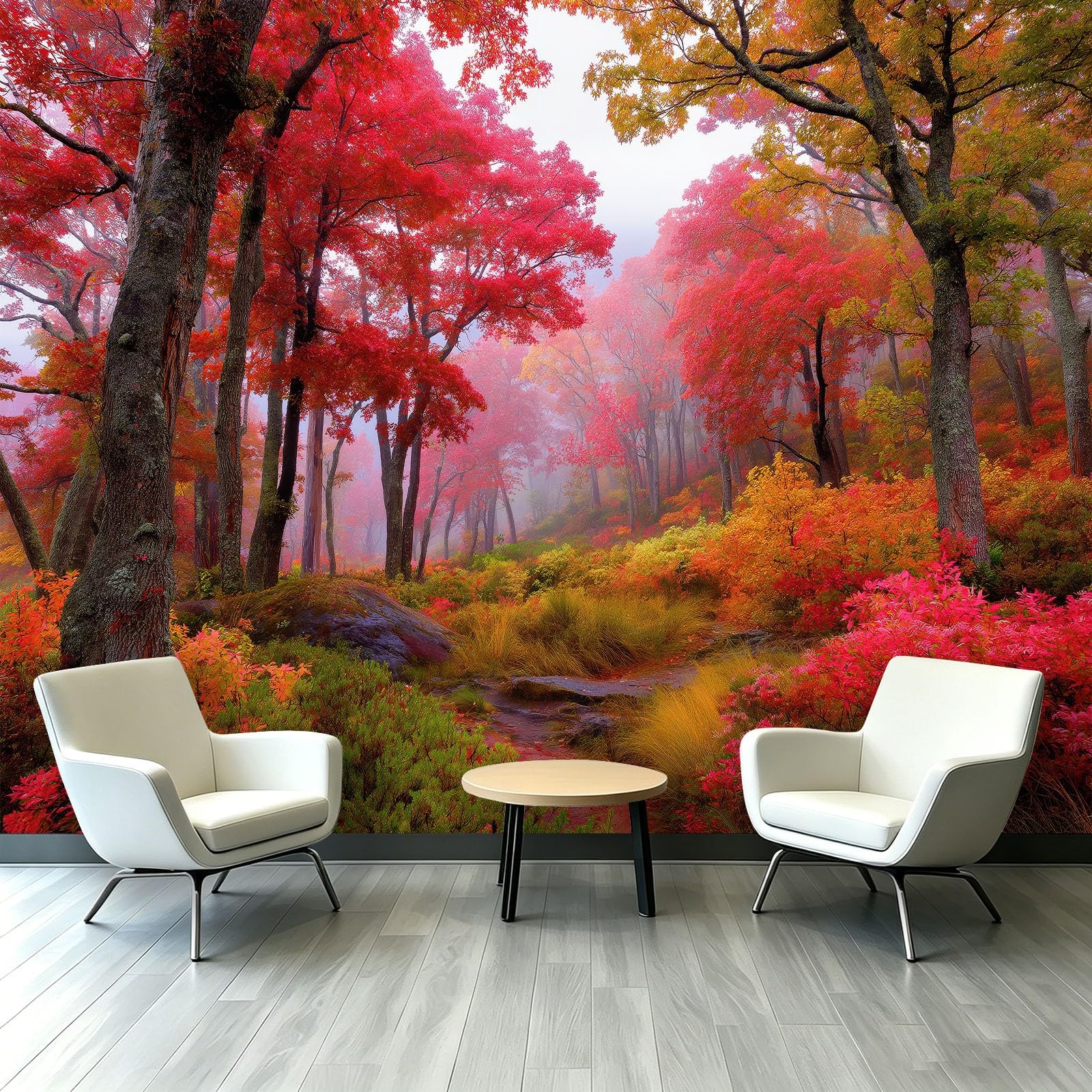 Carta da parati murale con paesaggio autunnale, motivo botanico scandinavo, 300 x 210 cm, con alberi e foglie rosse e nebbia, adesivo da parete per camera da letto, soggiorno, corridoio, divano