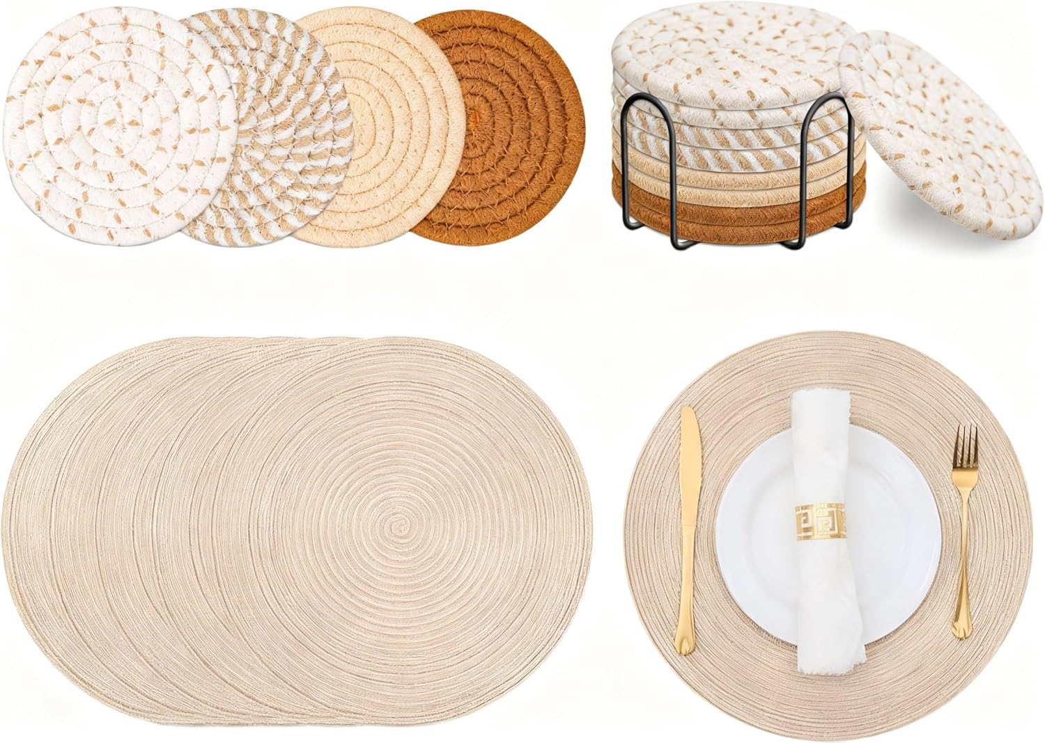 17 Pcs Drink Coaster Placemat Set with Holder, 4 Colors Heat Resistant Absorbent Woven Cotton 4.3'' Coasters for Drinks 15'' Round Placemats for Dining Living Room Tabletop Protection(Light Color)