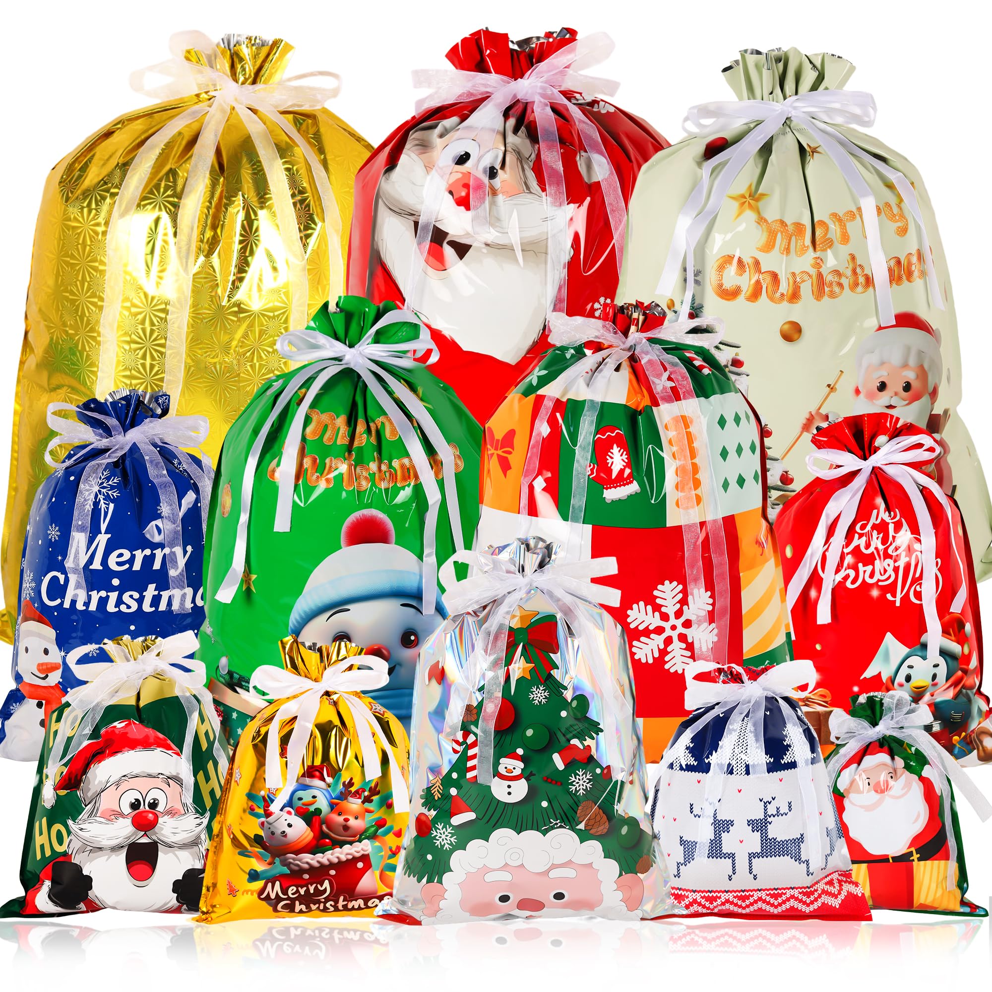 40pcs Christmas Drawstring Gift Bags, Xmas Wrapping Bags with 12 Patterns Design, 6 Sizes Large Multipack Gift Bags, Reusable Candy Bag with String for Christmas Presents Birthday Party