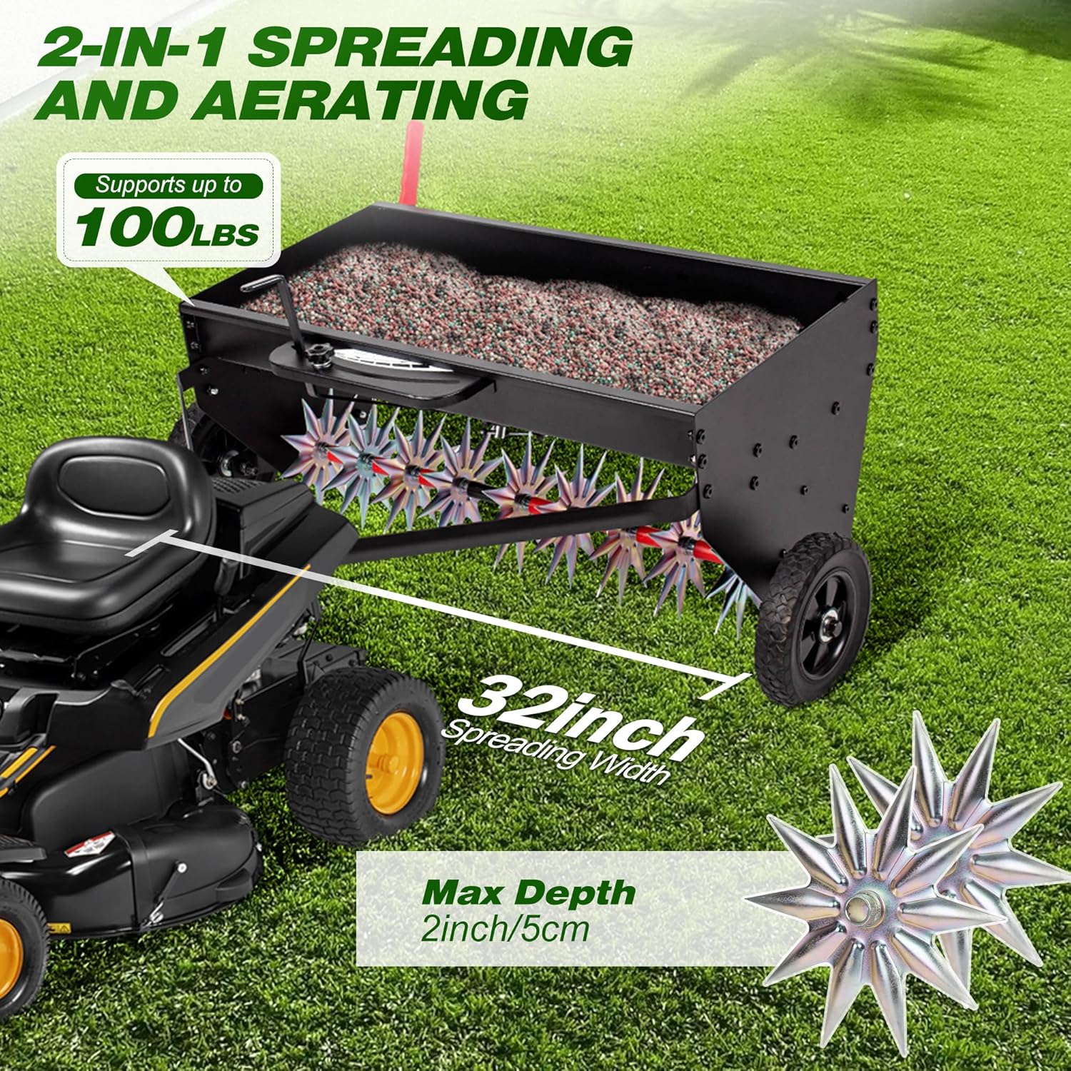 Suchtale Upgrade 40-Inch Tow Behind Spiker Seeder,Combination Tow Spike Aerator,Broadcast Spreader,Steel Hopper Lawn Drop Seed Fertilizer and Spreader,Lawn Soil Aerator Spikes Tractor