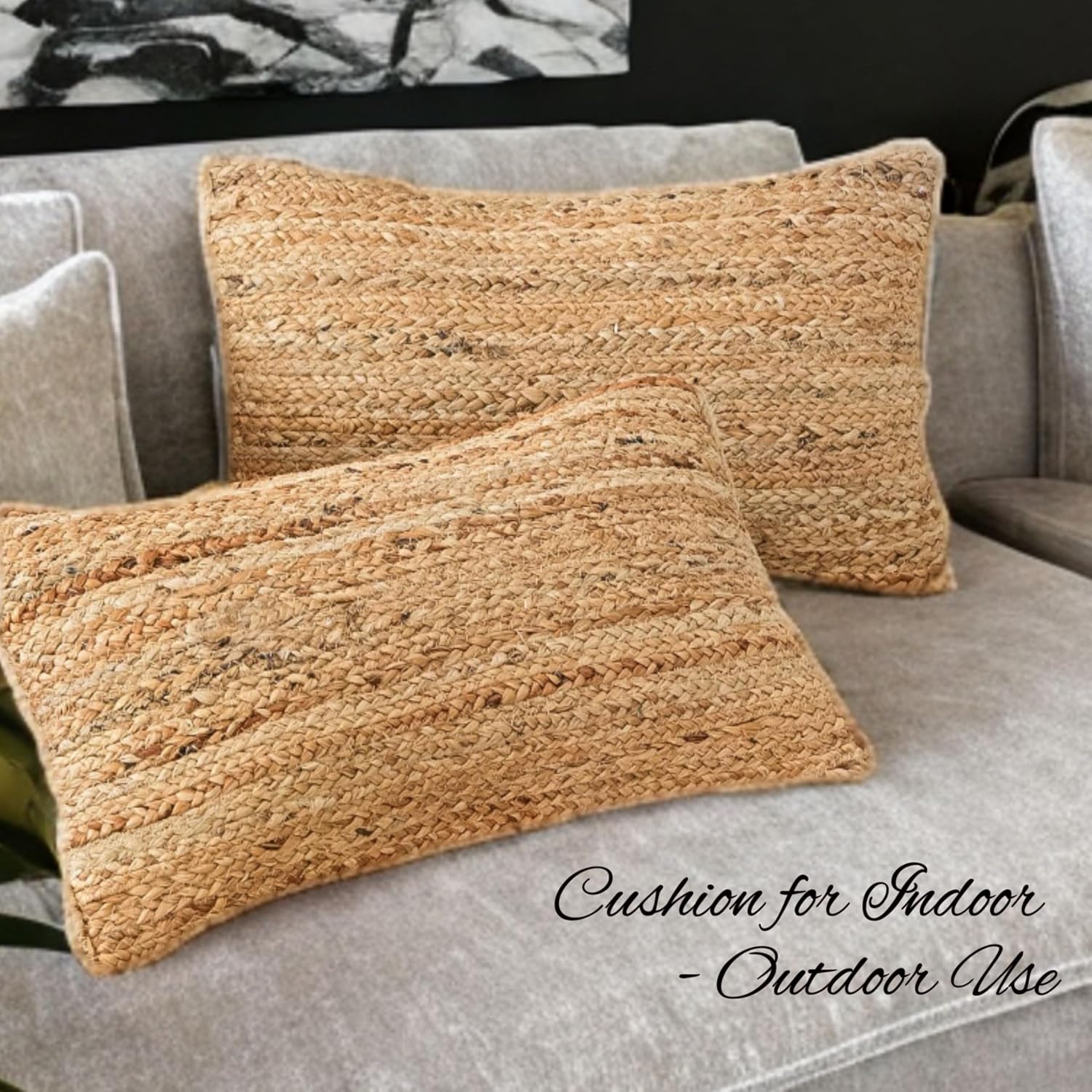 Natural Jute Cotton Lumbar Cushion Cover 18 x 12 Inch | Handmade Braided Decorative Pillow Cover with Zipper | Natural Boho Sofa Cushion Case for Living Room, Bedroom and Patio