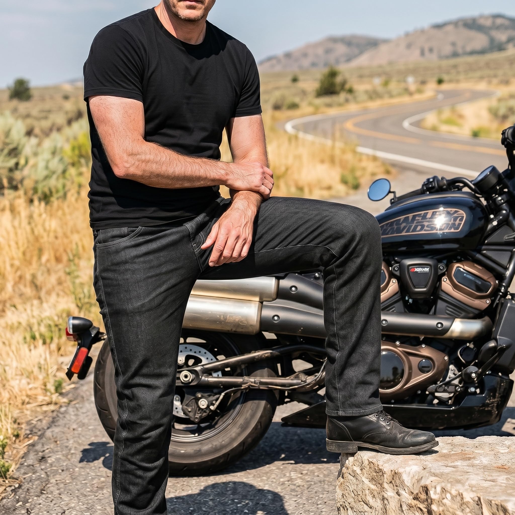 Leatherick Herren CE-zertifizierte Schutzjeans aus Denim – Einlagige Jeans, strapazierfähige Motorradjeans mit Knie- und Hüftprotektoren