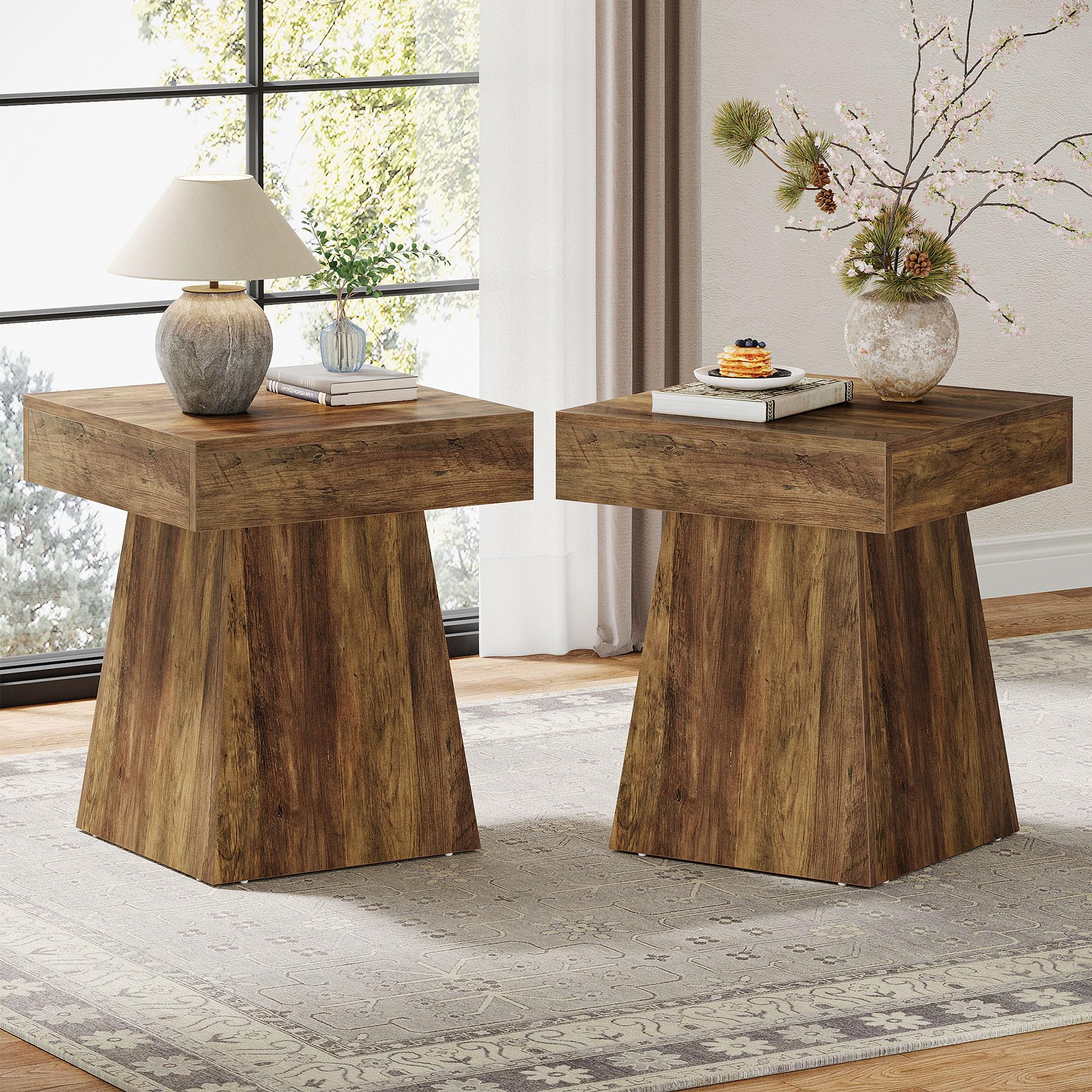 Tribesigns Small End Table Set of 2, Rustic Square Side Table with Wide Base, Farmhouse Small Nightstand Beside Bed, Next to Armchair, for Living Room, Brown