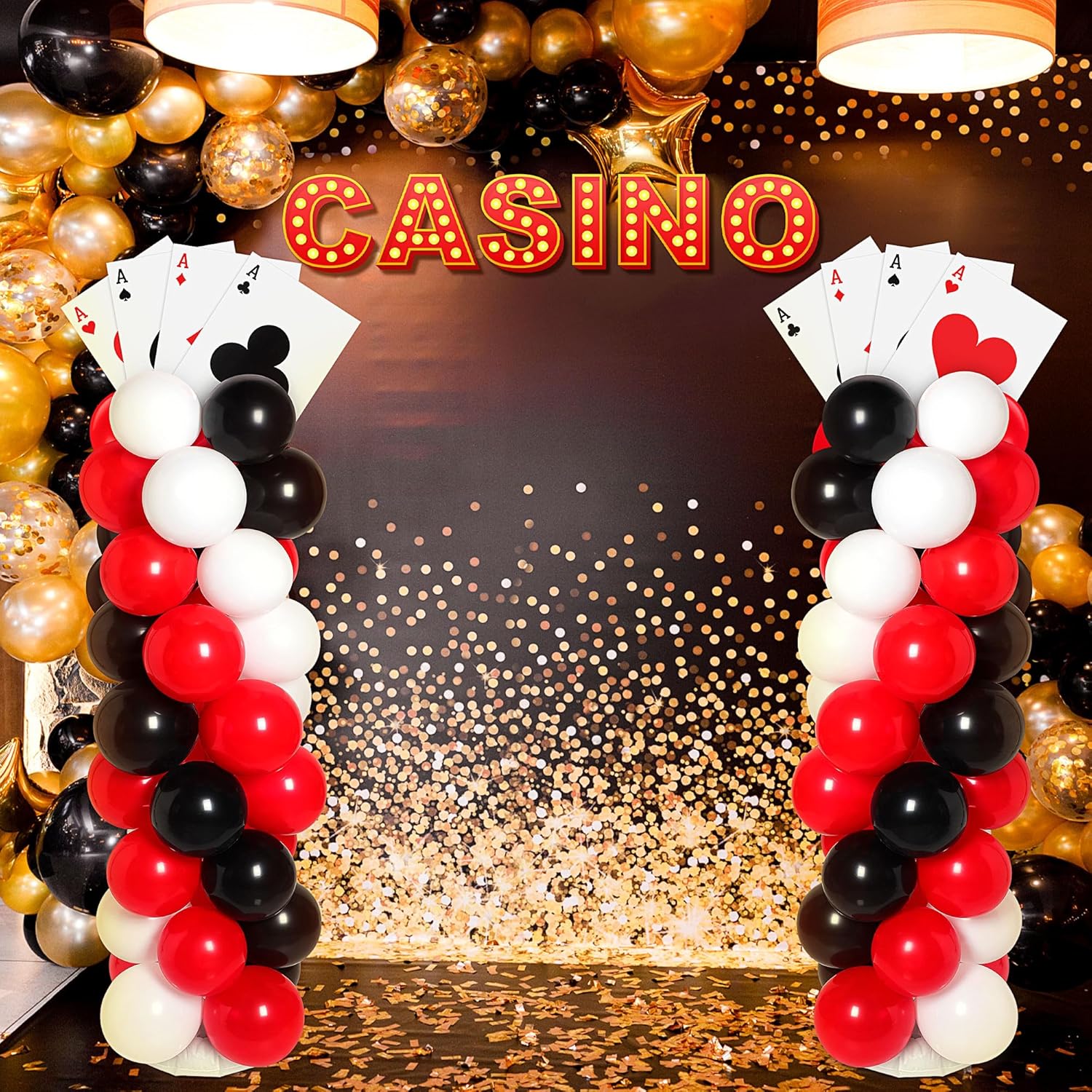 2 Sets Casino Theme Party Decoration Adjustable Poker Themed Balloon Column Stand Kit 8 Pcs Jumbo Poker Cards 129 Pcs Balloon Set for Las Vegas Game Night Birthday Party Supplies(Red Black and White)