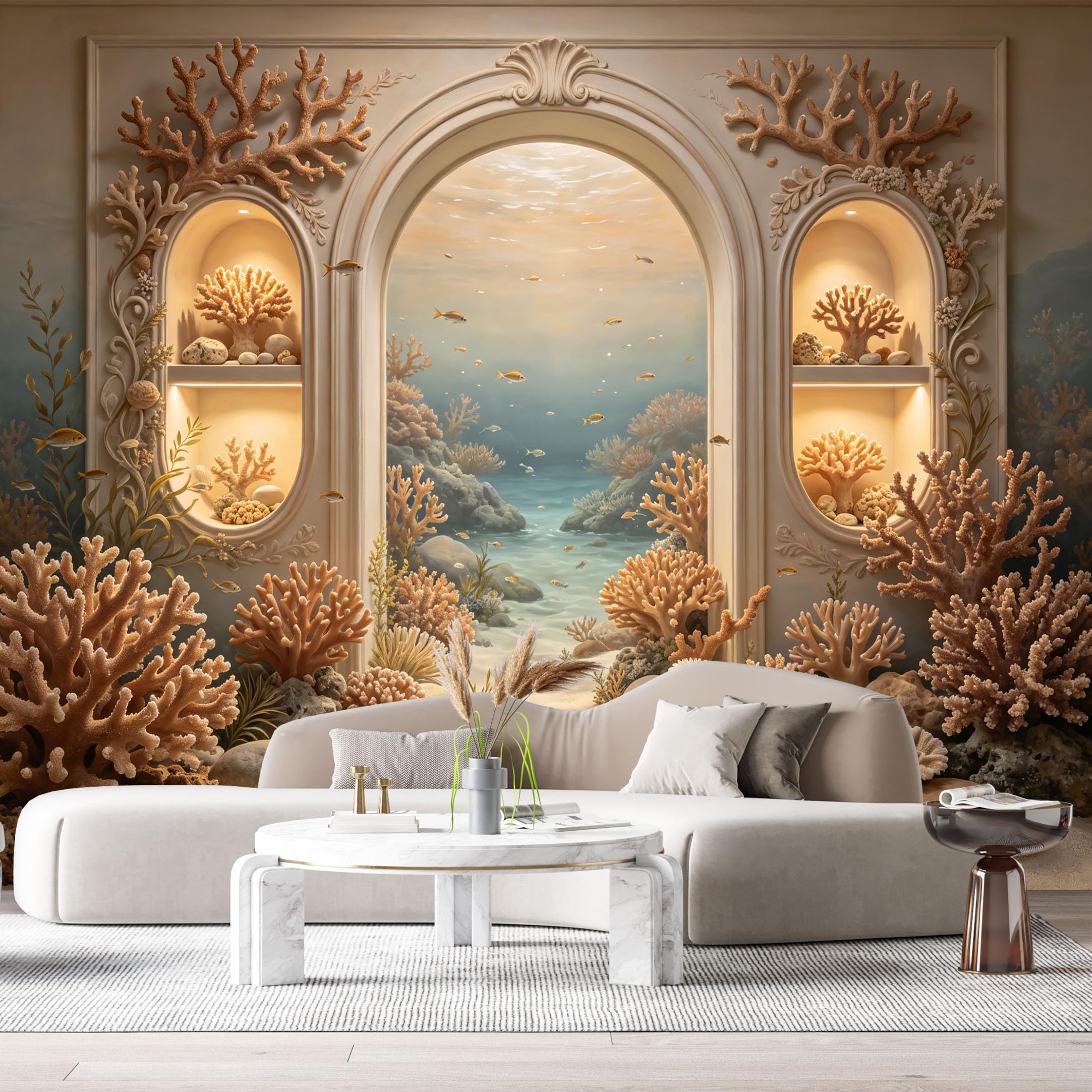 Custom Size Wall Murals Coastal Ocean Marine Coral Reef 3D Trompe L'Oeil SelfAdhesiveWall Fabric Removable Wallpaper Wall Decor for Living Room Bedroom Bathroom
