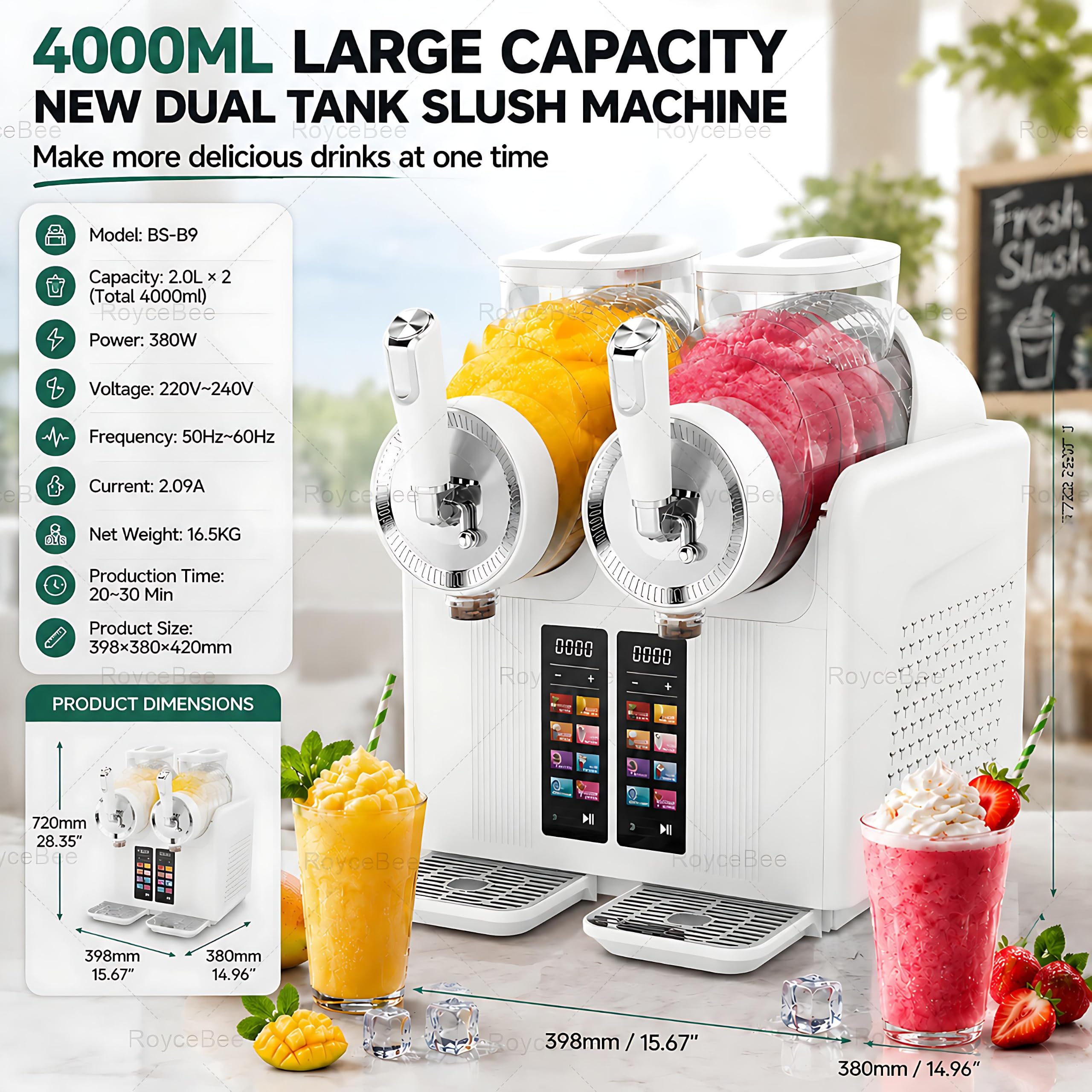 Máquina para Granizados Profesional, Máquina de Granizado con 2 Depósitos de 2L, 7 Programas Preestablecidos, Autolimpieza Automática, para Casa, Cafeterías, Bares y Restaurantes White