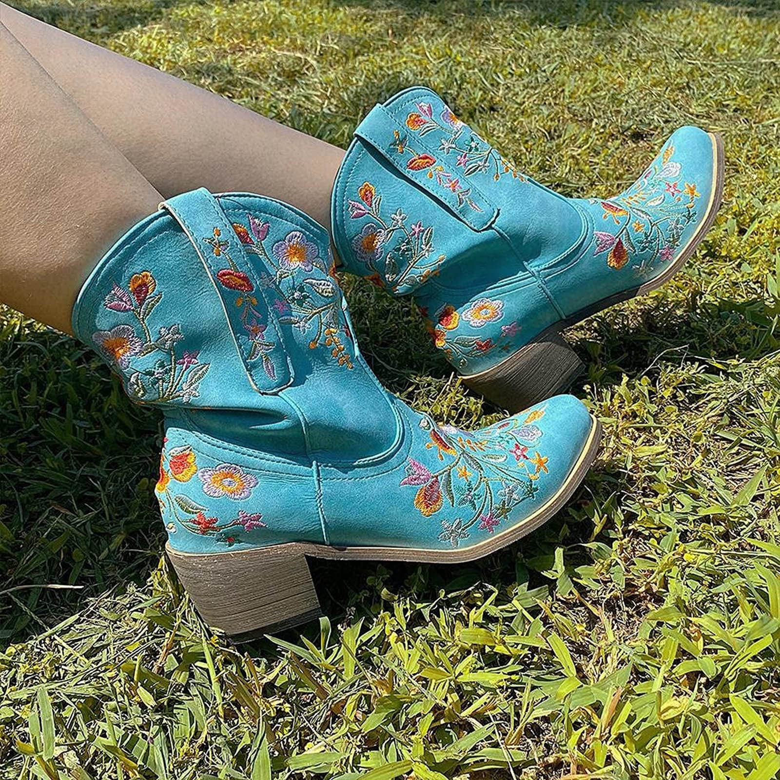 Damskie kowbojskie botki - haftowane kwiaty westernowe buty jeźdźca z kwadratowym noskiem, vintage botki do jazdy konnej z grubym obcasem kwadratowe noski obuwie kowbojskie dla kobiet