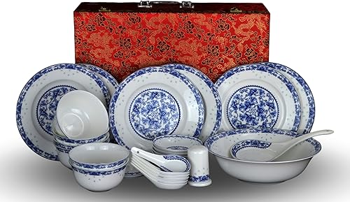 Miniatura 2 de Juego de vajilla azul y blanco de porcelana de hueso de 28 piezas para 6 cuencos de arroz Jingdezhen, (loto azul)