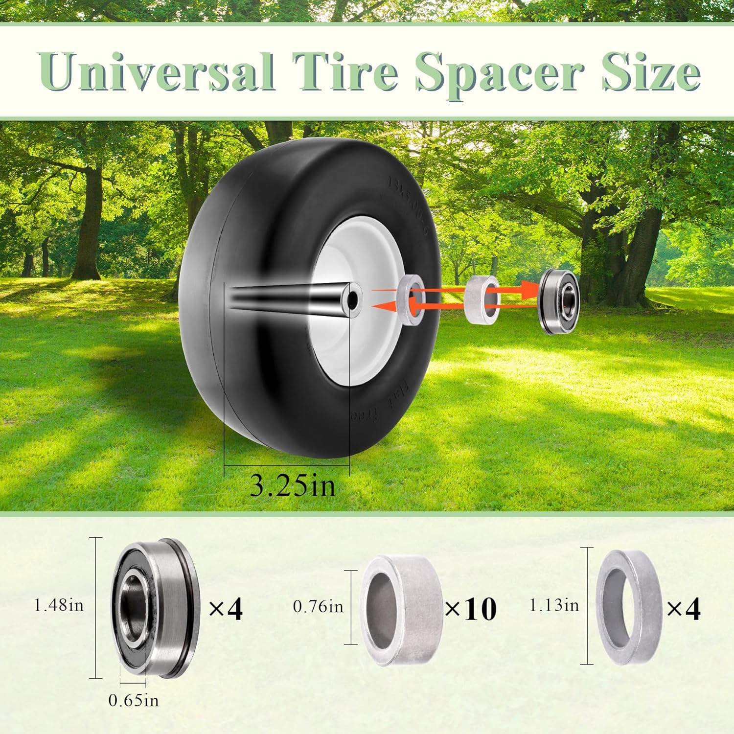 13x5.00-6 Flat Free Tire and Wheel for Zero Turn Lawn Mower,Commercial Grade Lawn - Smooth Solid Front Tire Assembly with 3/4" & Extra 5/8" Bushings,3.25" Centered Hub