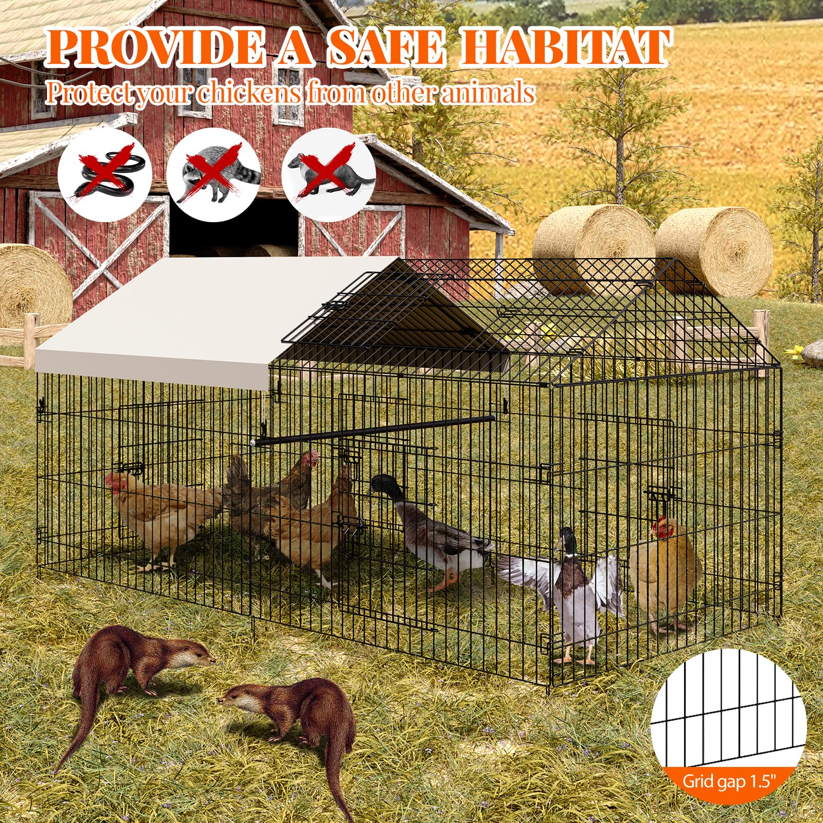 Grand poulailler en métal accessible - 218 x 101 x 101 cm - Avec toit et 4 portes - Verrou - Solide - Pour poules, petits animaux et plantes