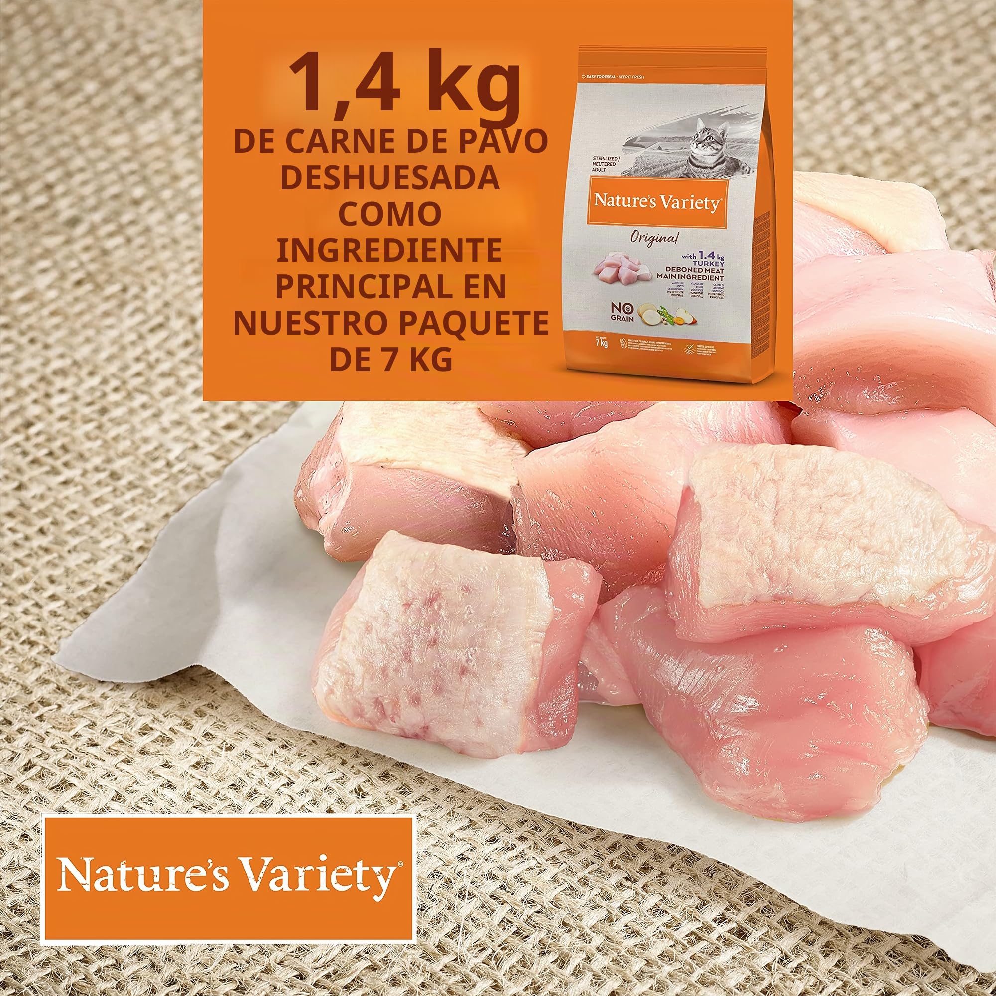 Nature's Variety Original No Grain, Pienso para Gatos Adultos Esterilizados, Sin Cereales, con Pavo Deshuesado, 7kg & Original, Pienso para Gatos Adultos Esterilizados con Salmón sin Espinas, 7kg