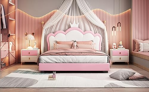 Miniatura 4 de Harper &amp; Bright Designs Base de cama de princesa tapizada de tamaño matrimonial con cabecero de corona para niños, niñas, niños pequeños, cama de