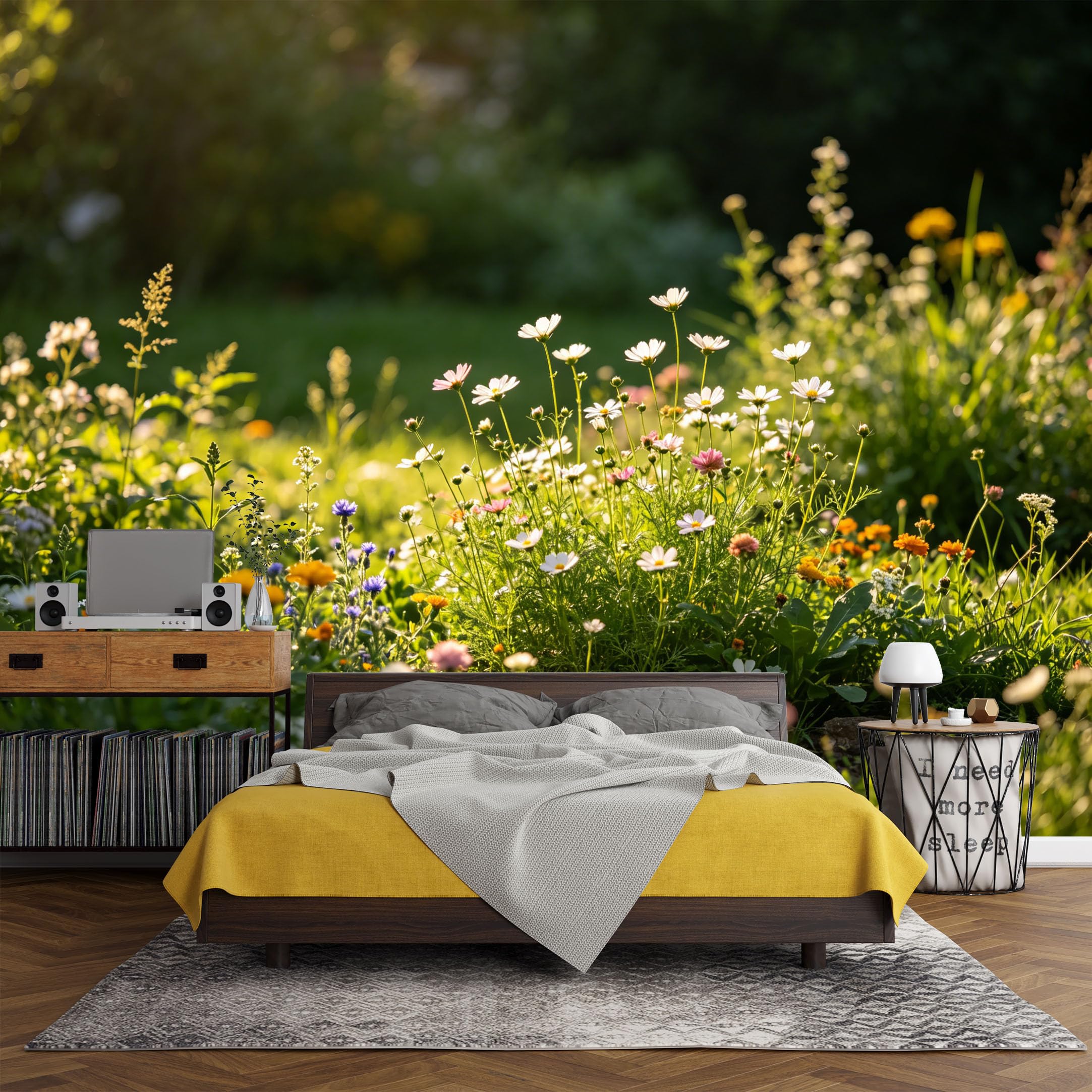 Custom Size Wall Mural， Botanical Wildflower Meadow Sunlight Garden Landscape，SelfAdhesive Art Prints wall Fabric (No PVC) Removable Wallpaper Living Room Decor