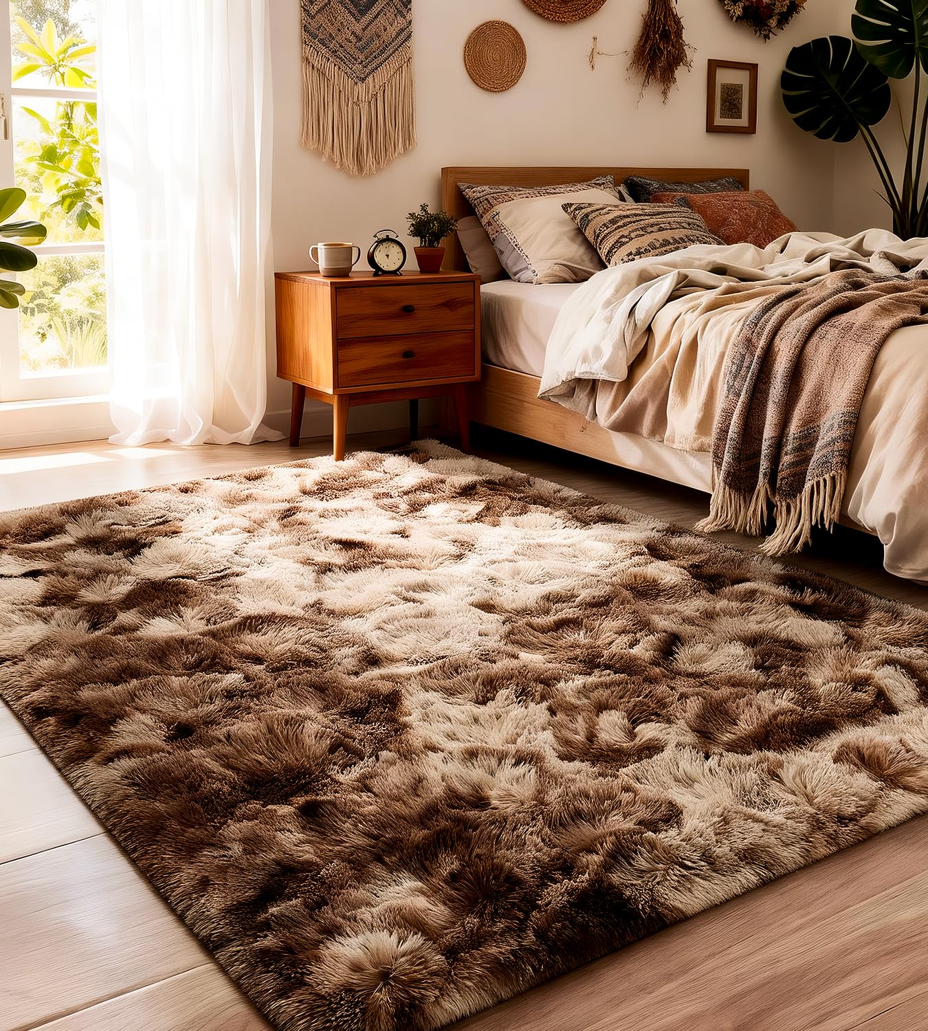 Teppich Wohnzimmer Braun 200x300 cm flauschig weich | Hochflor-Teppich, waschbar, rutschfest, weich. Ideal für offene Räume, Esszimmer und große Schlafzimmer.