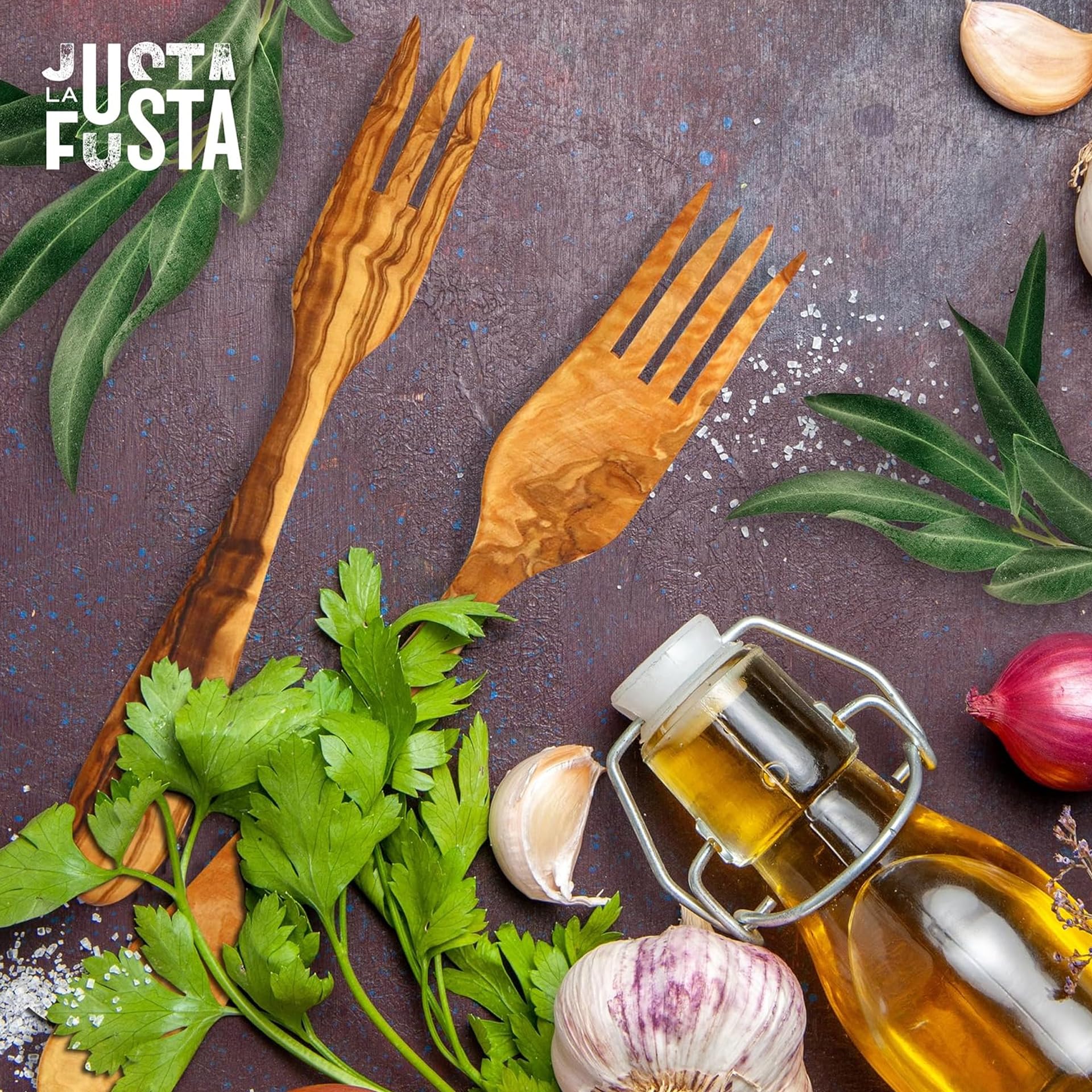 Tenedor De Madera De Olivo Para Cocinar, 30 Cm | Utensilios De Cocina Artesanales Resistentes, Hechos en España | Largos