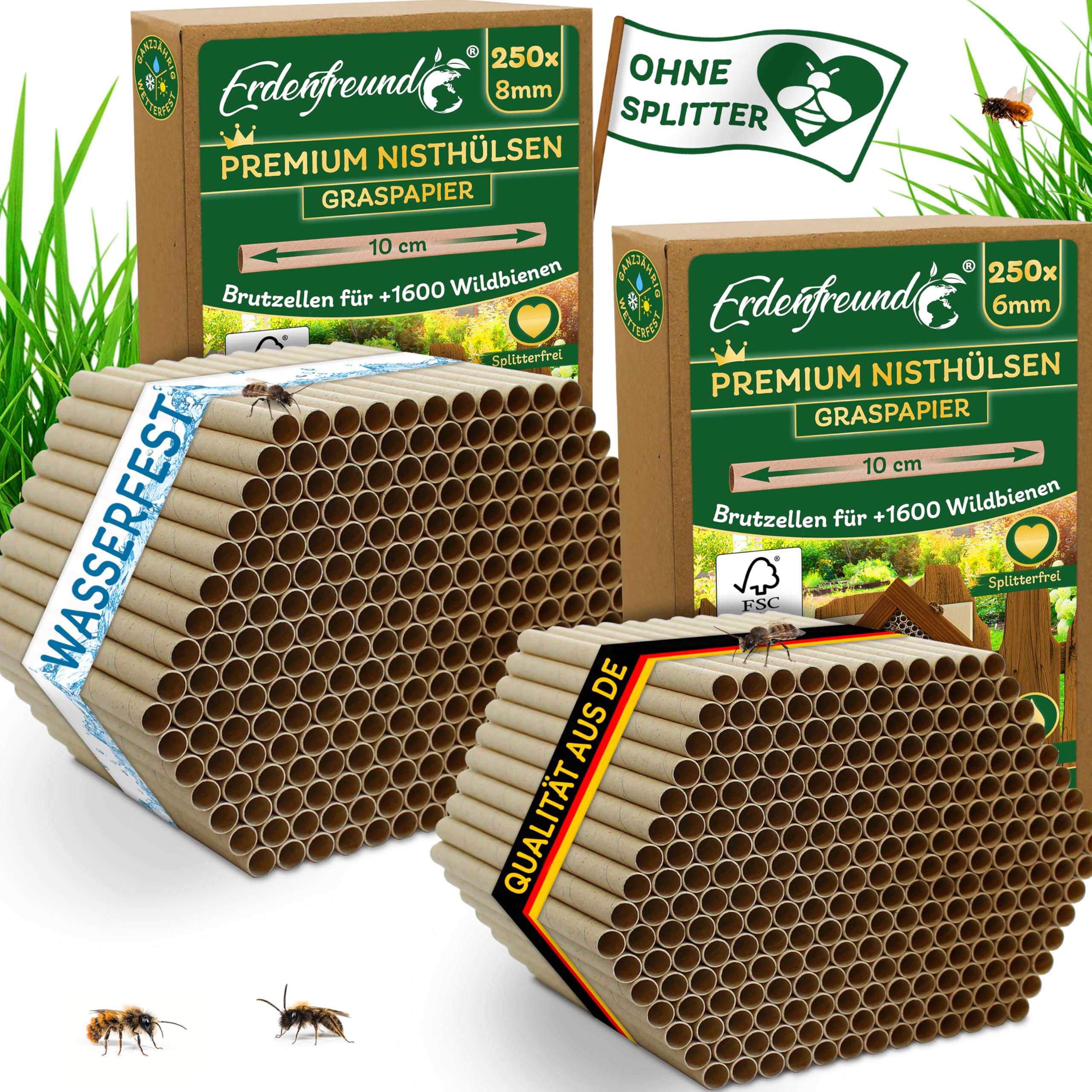 ERDENFREUND® 6 & 8mm Premium Graspapier Niströhren für Wildbienen ohne Splitter 2x250 Nisthülsen Insektenhotel Füllmaterial 100% wetterfest ganzjährig (2x250 Premium Wildbienen Nisthülsen 6 & 8mm)