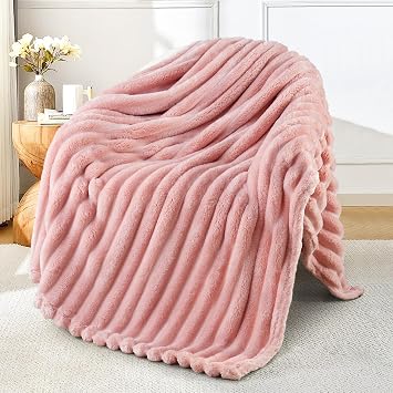 Exclusivo Mezcla Soft Striped Fleece Blanket, Pink Fluffy Sofa Bed Throw | Lightweight Cozy Breathable Throw Blanket for Adults, Stylish Jacquard Blanket for Bed, Living Room, All Seasons, 127x152cm