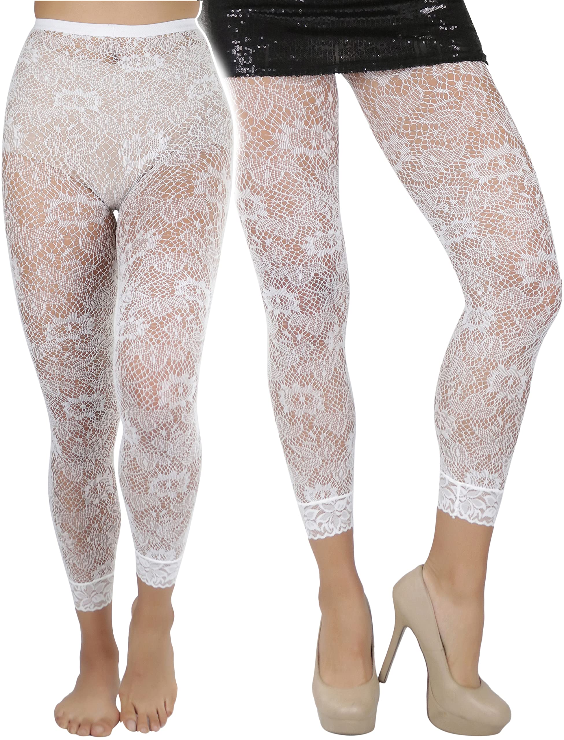 ToBeInStyle - Mallas góticas para Mujer, Slashed Wide Open - Negro, Talla única - Talla única - Leggings de mezcla de nailon de encaje floral con parte inferior de encaje - Blanco