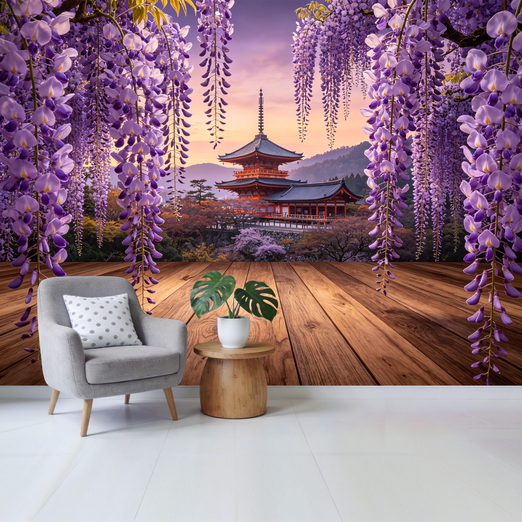 Qzlithotic Yq2605250383 Custom Size Wall Mural Traditional Asian Pagoda And Blooming Purple Wisteria Landscape 3D Selfadhesive Wall Fabric Removable Wallpaper For Home Office Decor