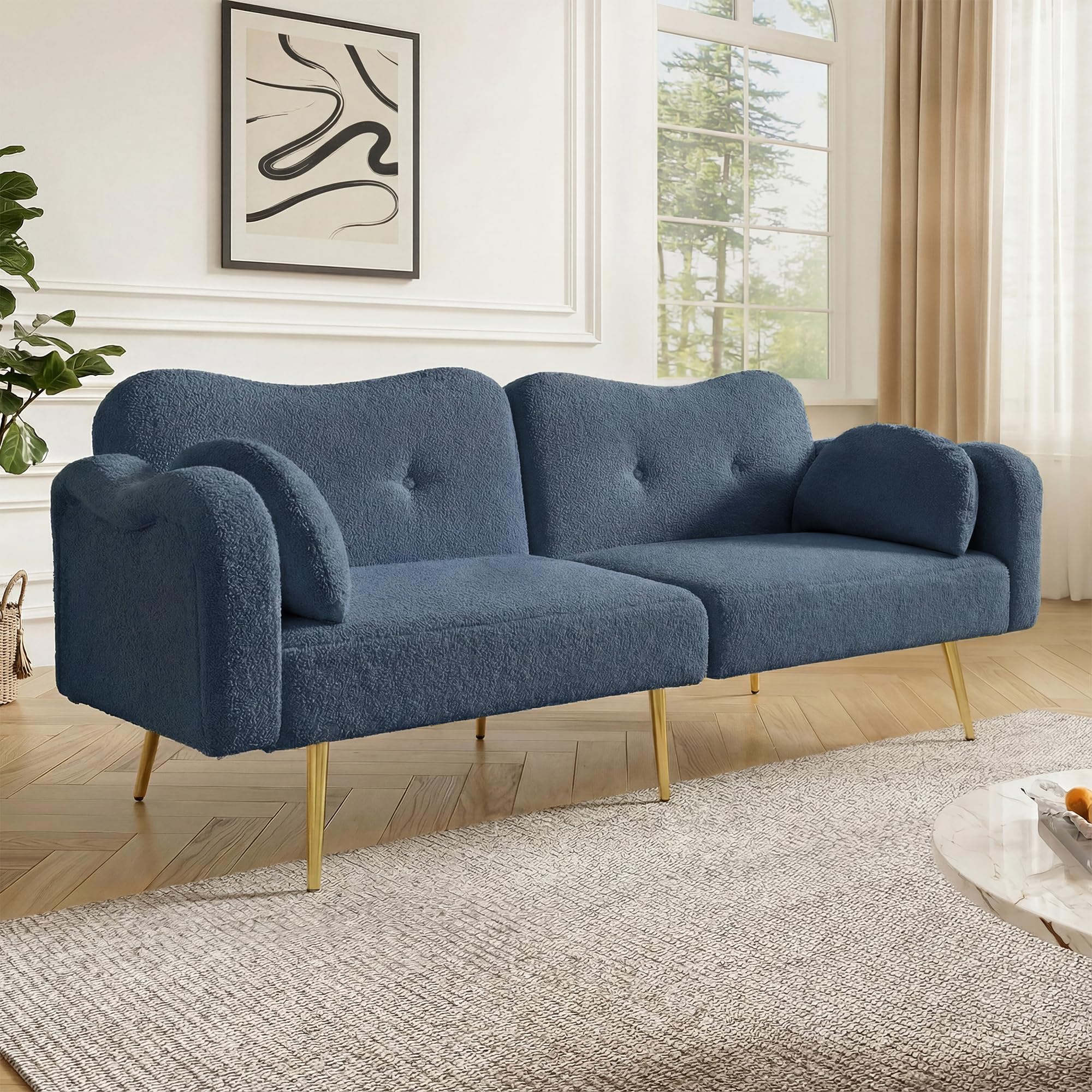 Divano letto a 2 posti con funzione sonno, moderno, schienale regolabile, piedini in metallo dorato, funzione letto integrata, mobile multifunzione 2 in 1, colore: blu-grigio