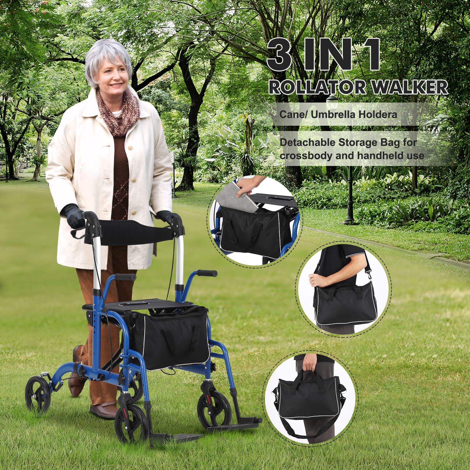 Rollator 2 in 1 Deambulatore Pieghevole Leggero Per Anziani e Adulti | Con Seduta, Schienale, Poggiapiedi e Freni, All Terrain, Portata Massima 136 kg, Mobilità Sicura