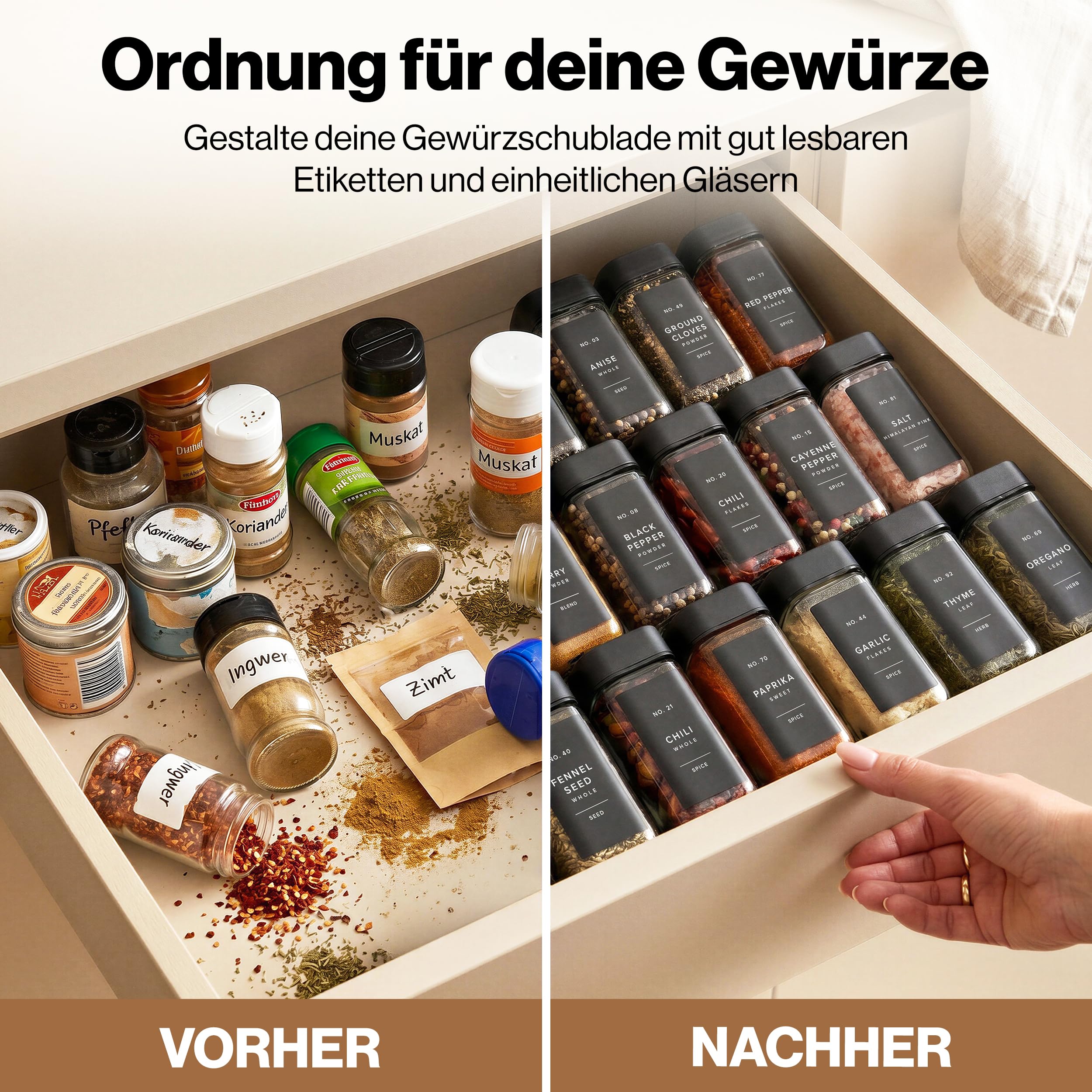 EDELHAUS Gewürzgläser Eckig Set mit Schwarzem Verstellbarerem Deckel (24 x 120ml) Gewürzstreuer mit 240 Etiketten Schwarz - Hochwertige Gewürzbehälter, Gewürzdosen, Gewürze organizer