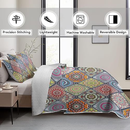 Miniatura 3 de zhuzai Juego de edredón de retazos de 3 piezas, tamaño King, reversible, bohemio, con 2 fundas de almohada, juego de ropa de cama de microfibra