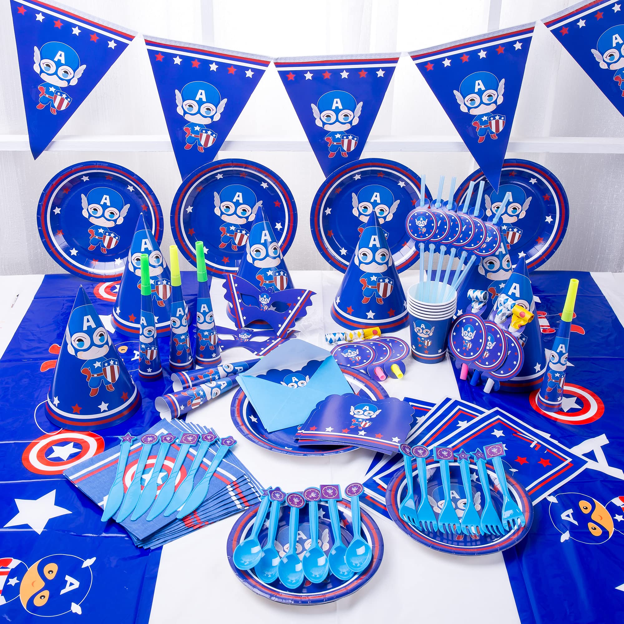 HIGHLAND 122 Pcs Captain America Tableware for 10 Guests – Captain America theme disposable kid’s party tableware set – Captain America Birthday Decorations - Captain America party supplies