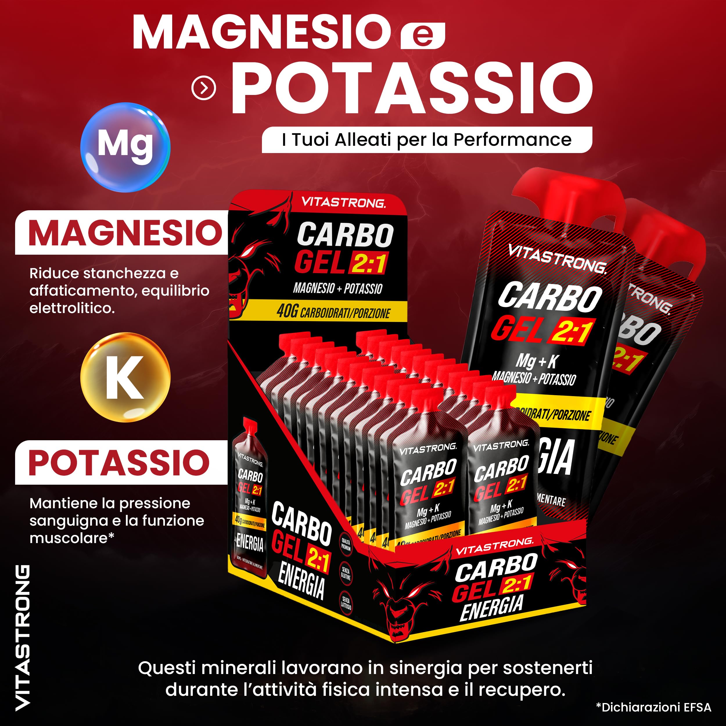 Vitastrong Carbo Gel 2:1 Energy Magnesio e Potassio Bustine con Cannuccia | 24 Carbogel da 40g Carboidrati, 56mg Magnesio e Potassio 300mg per Dose, Maltodestrine, Ciclismo Pre Workout e Intra Workout