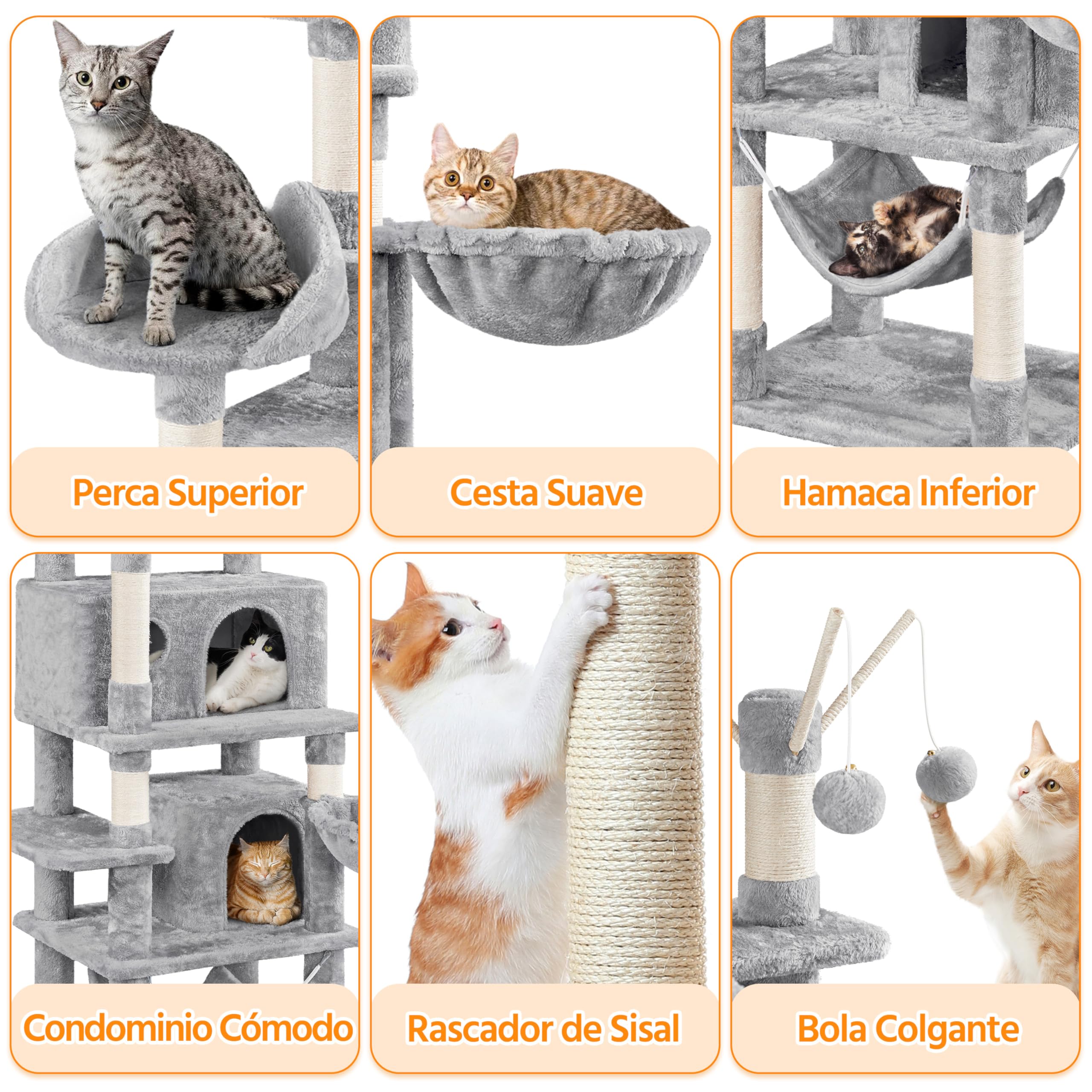 Yaheetech Rascador para Gatos Mascotas con Hamaca Plataforma Cueva Bolas de Juego Canasta 55.5x45.5x170 cm Gris Claro