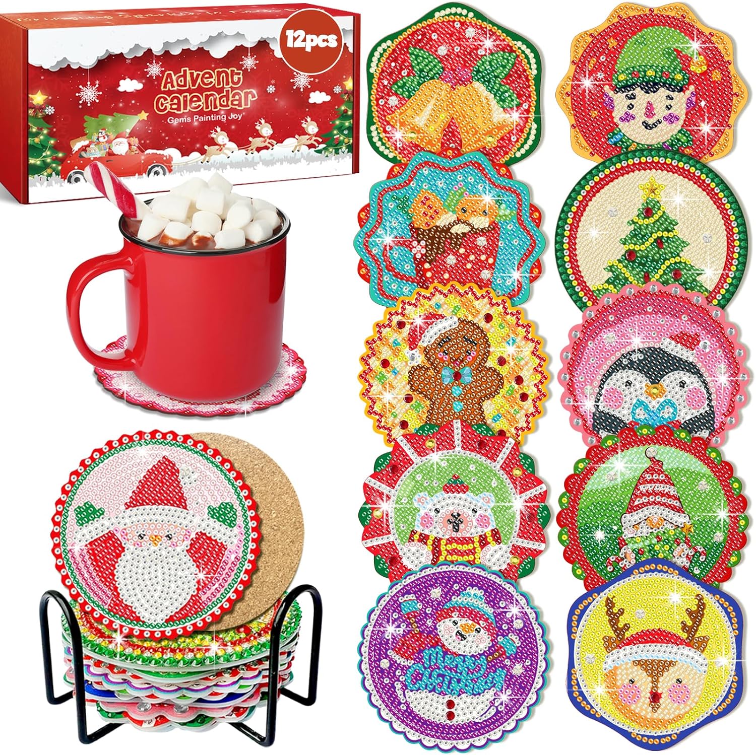 12 Days of Christmas Advent Calendar Diamond Painting Coasters, DIY Crafts Gem Diamond Art Kits for Adults, Elderly Parents, Christmas Ornaments Advent Calendar 2025 for Adults, Seniors, Women, Grils