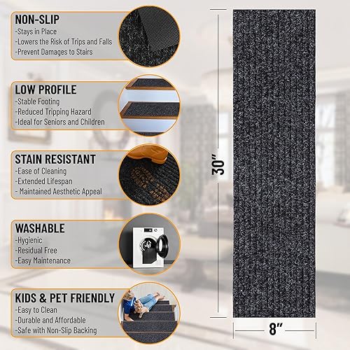 Miniatura 3 de Ottomanson Pisadas de escalera impermeables de diseño sólido lavable a máquina, 8 x 30 pulgadas, para interiores y exteriores, impermeables, para