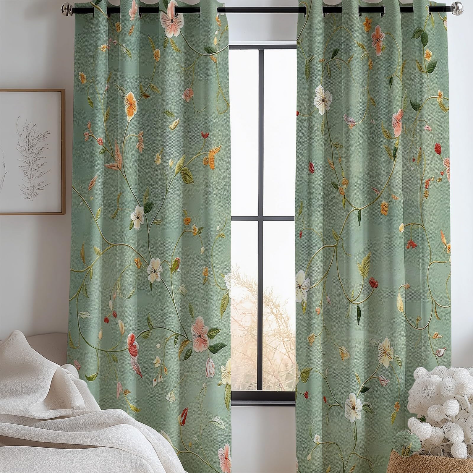 Vorhänge Gardinen Verdunkelung Blickdicht mit Ösen für Schlafzimmer H215 x B110 cm (2er Pack) Popular Elegante Und Zarte Blüten Bedruckte Vorhänge Vorhang für Wohnzimmer Schlafzimmer Dekor Hellgrün