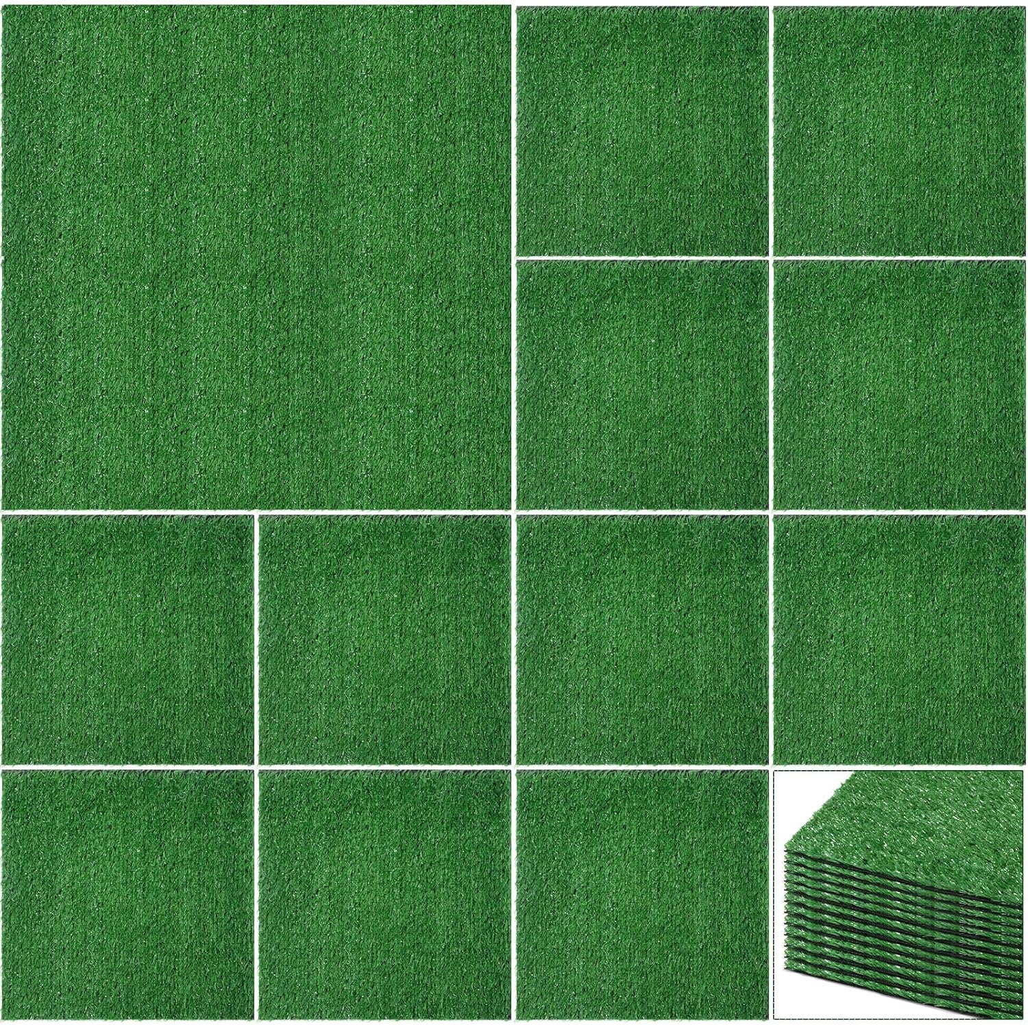 Nuanchu 12 Pieces 12 x 12 Inch Artificial Grass Square Mats Fake Grass Tiles Placemats Turf Patch Table Centerpieces Decor Rug for Crafts Miniature Garden Dollhouse DIY Party Indoor Outdoor, Green 12 12 x 12 x 0.6 inches