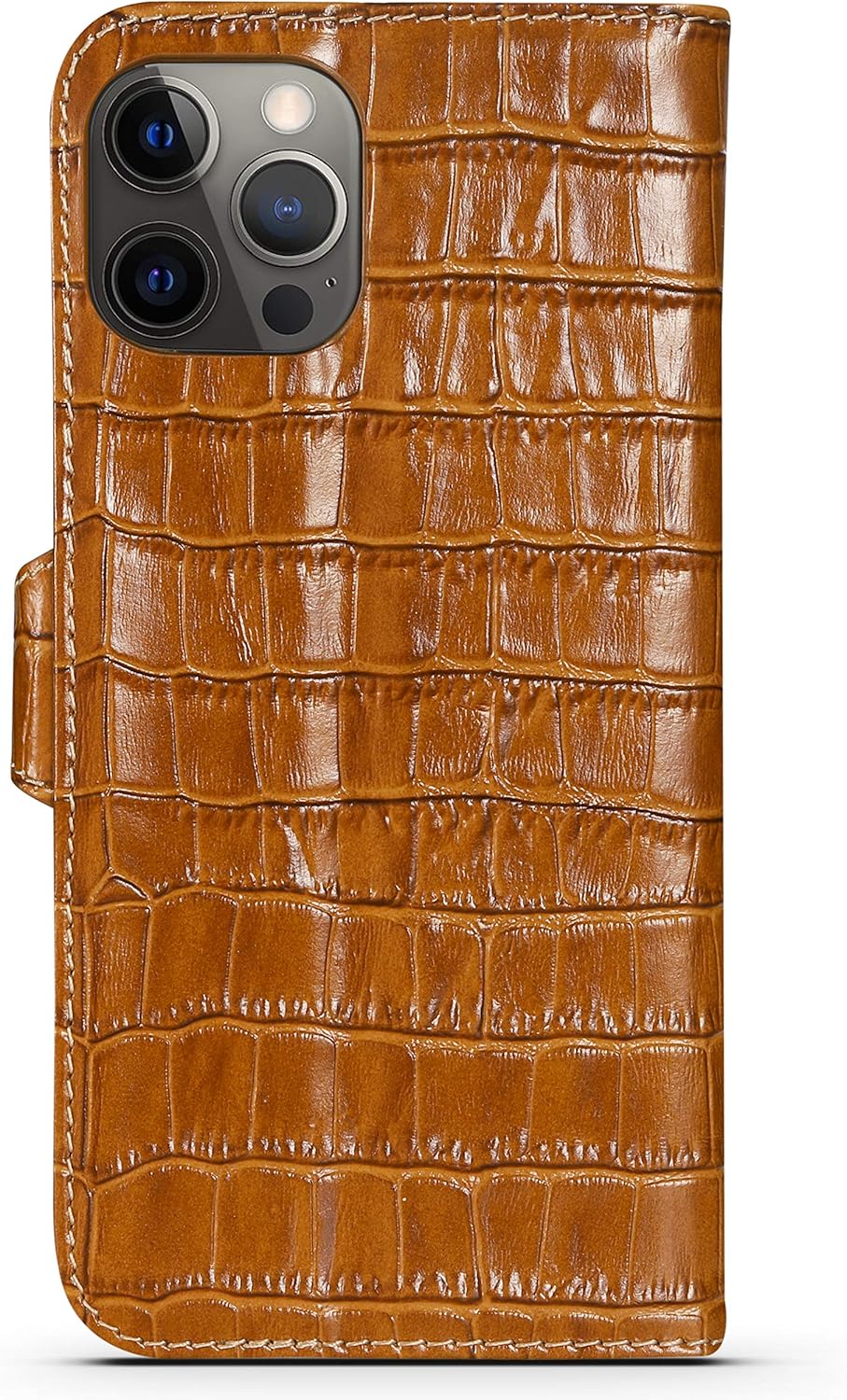 Genuine Leather Wallet Case for iPhone 12 Pro/iPhone 12,Classic Crocodile Pattern Real Leather Flip Stand Case Cover with Card Slot Brown
