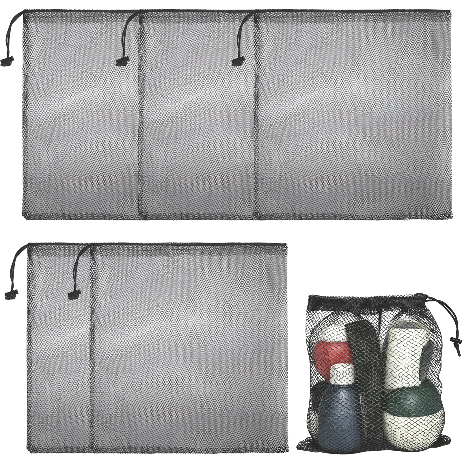 5Pcs Large Drawstring Mesh Storage Bags, 35cm x 40cm Net Bags, Drawstring Organizer Storage Mesh Bags for Sport, Swimming, Beach, Travel Black