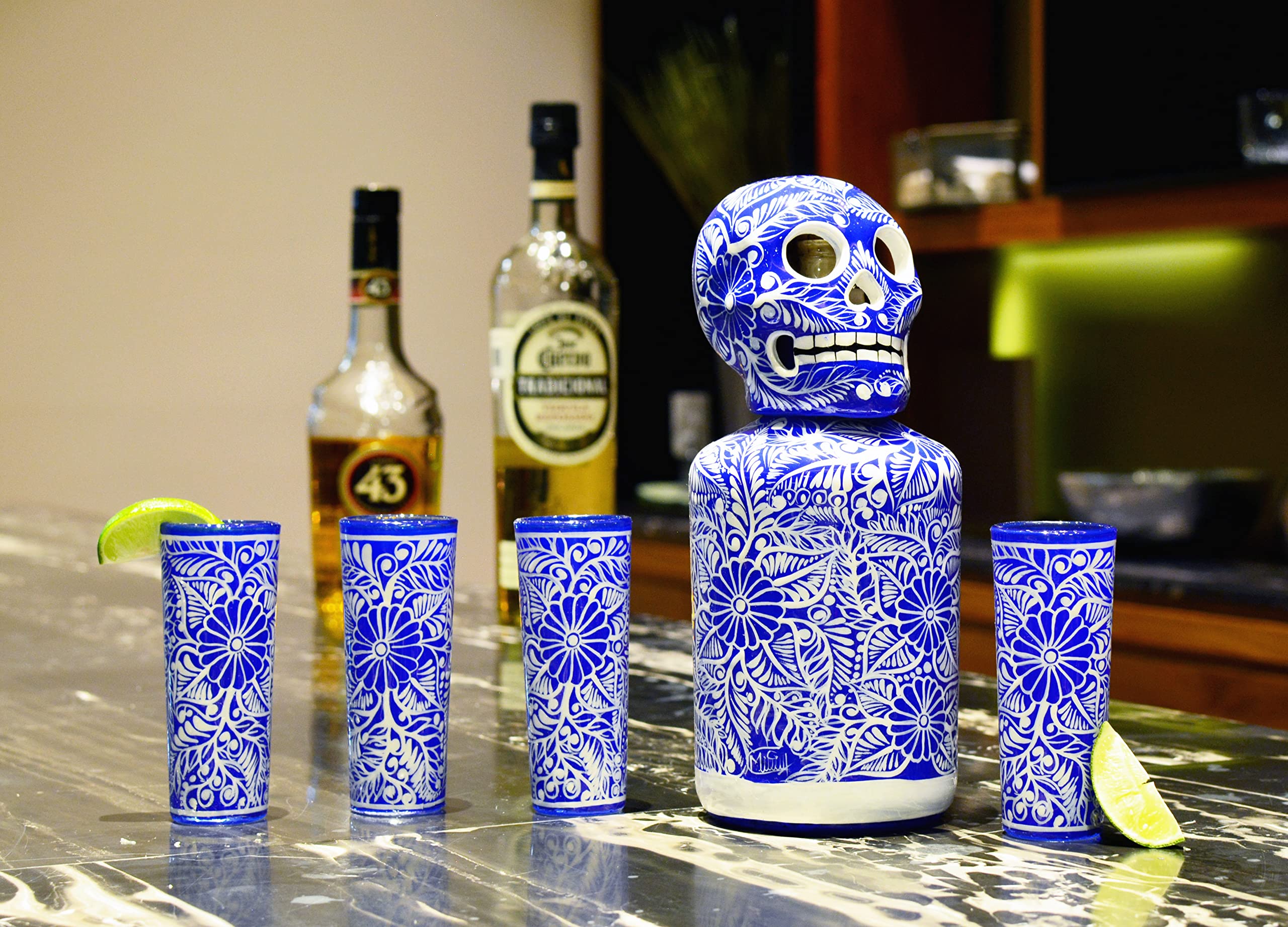 Tequila Decanter Set, Liquor Decanter with Shot Glasses and Mexican Sombrero, Hand-painted Decanter, Skull Decanter, Bar Decoration, Unique Tequila Gift, Gift For Dad (Blue Decanter Set)
